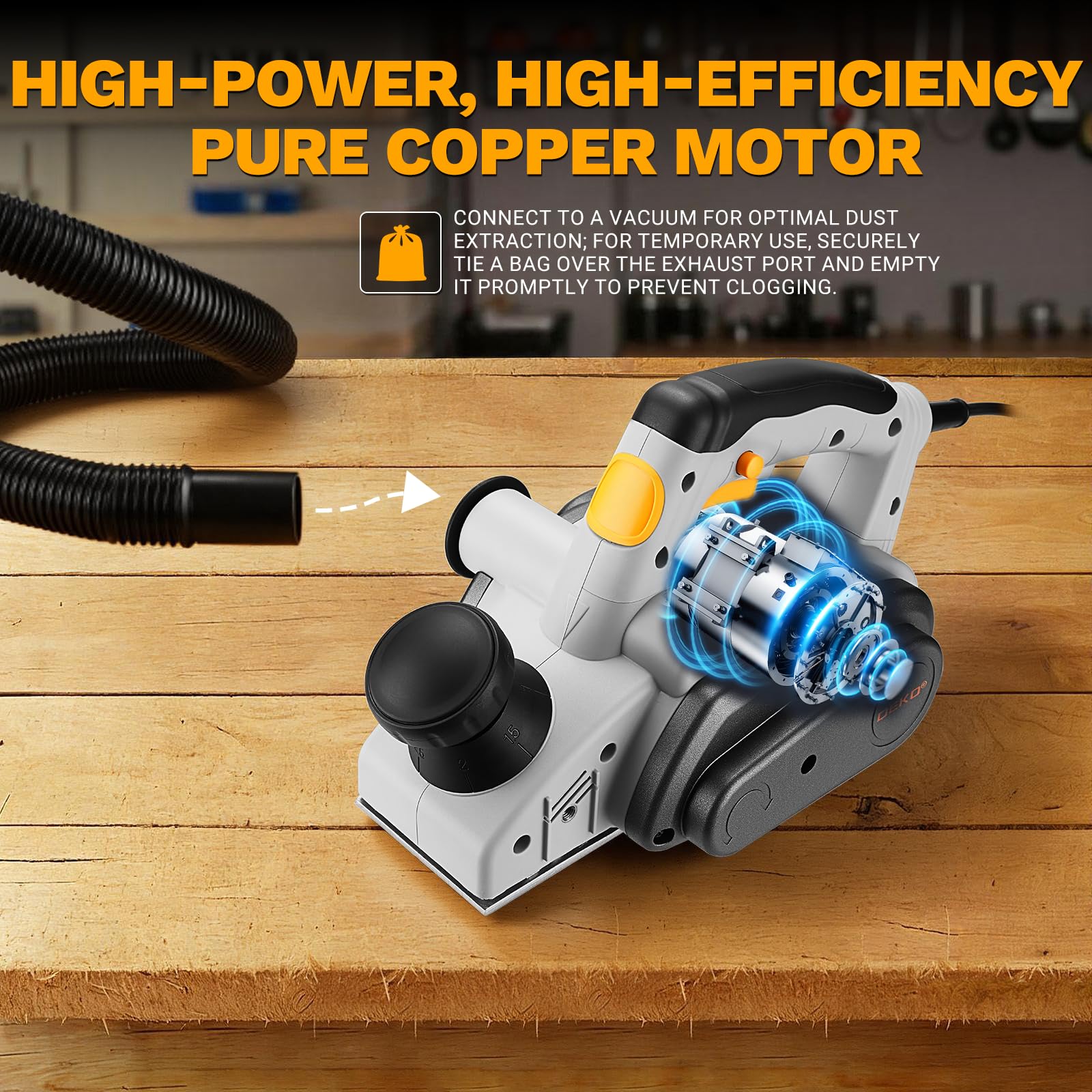 DEKOPRO Cepilladora Eléctrica con Cable 800W, 16000 RPM, Ancho 82mm, Profundidad 3mm, Herramienta para Carpintería, Biselado y Trabajos de Bricolaje