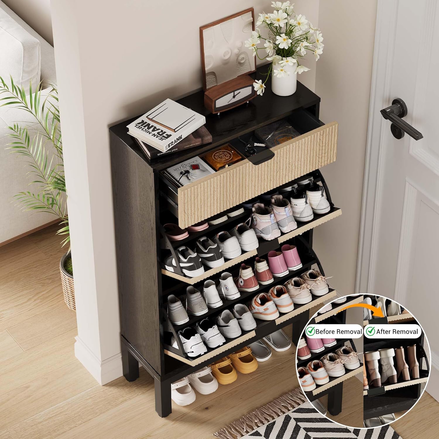 Overhead view of the shoe cabinet showing the top drawer and the capacity of the flip drawers, with an inset showing before and after removal of dividers.