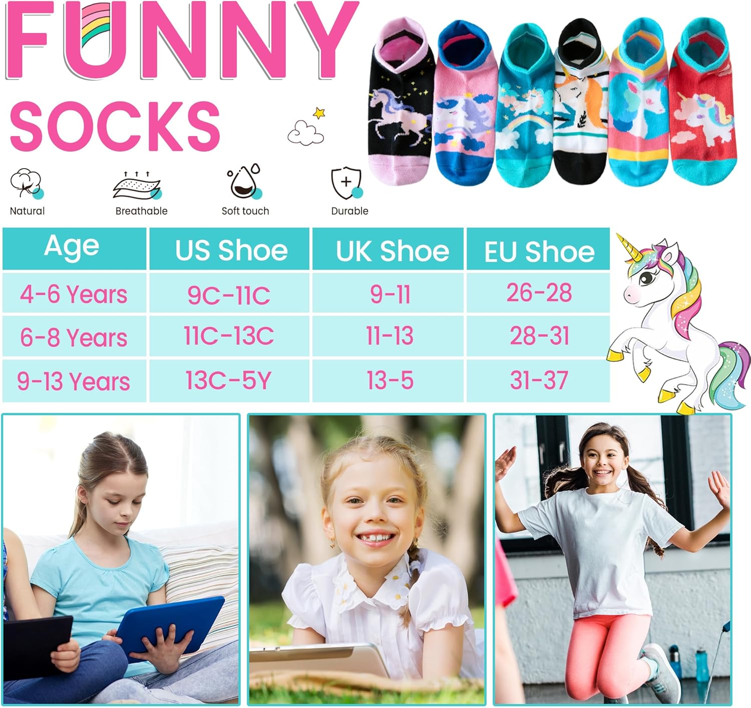 WEVIAS Kids Girls Socks Unicorn Ankle Funny Cartoon Low Cut Cotton Cute Novelty Fashion Toddler No Show Silly Socks 6 Pairs - Image 6