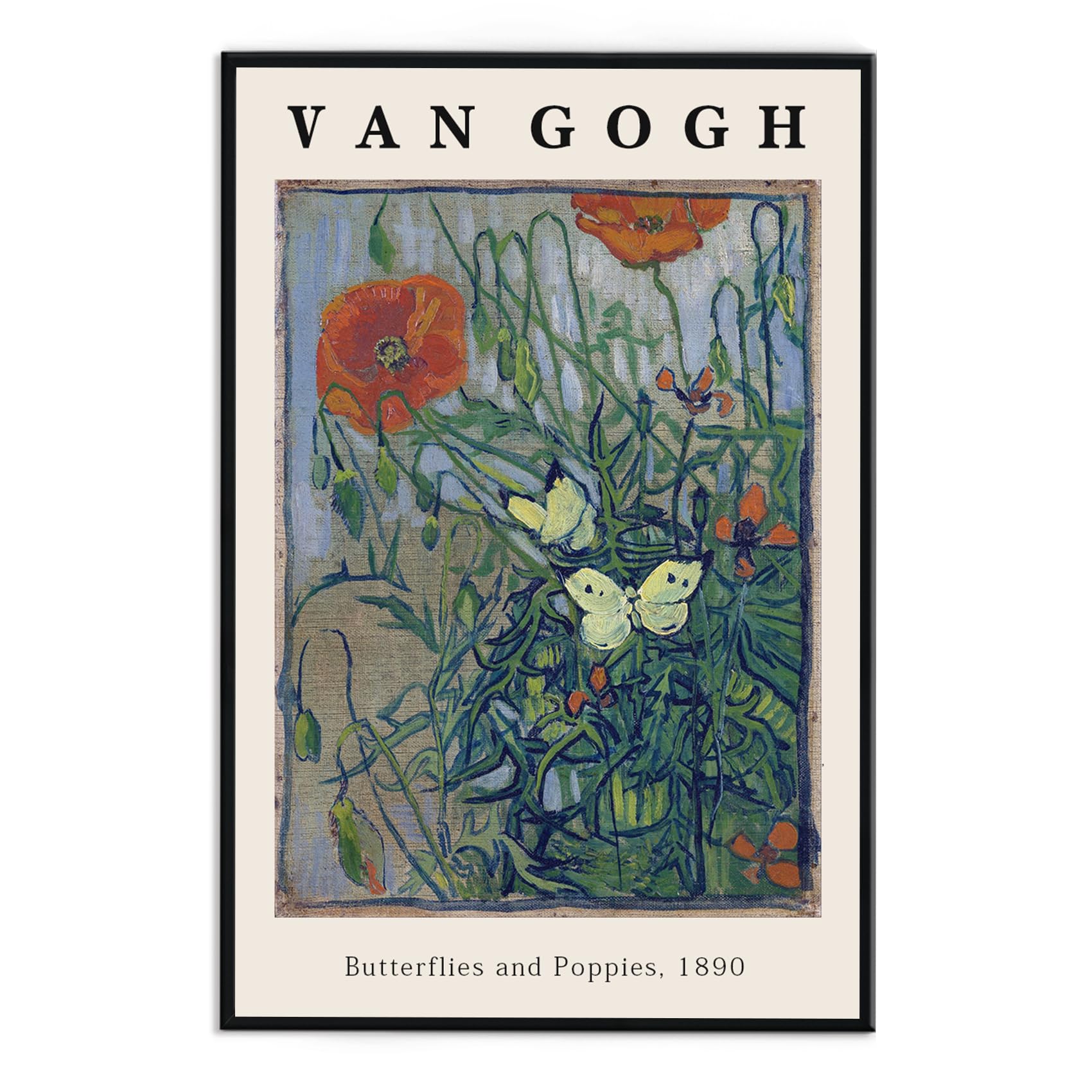 Framed Canvas Print Wall Art Butterflies And Poppies Flowers Painting Reproduction Ready To Hang Living Room Bedroom Kitchen Office Home Decor 16"x 24" Black Framed