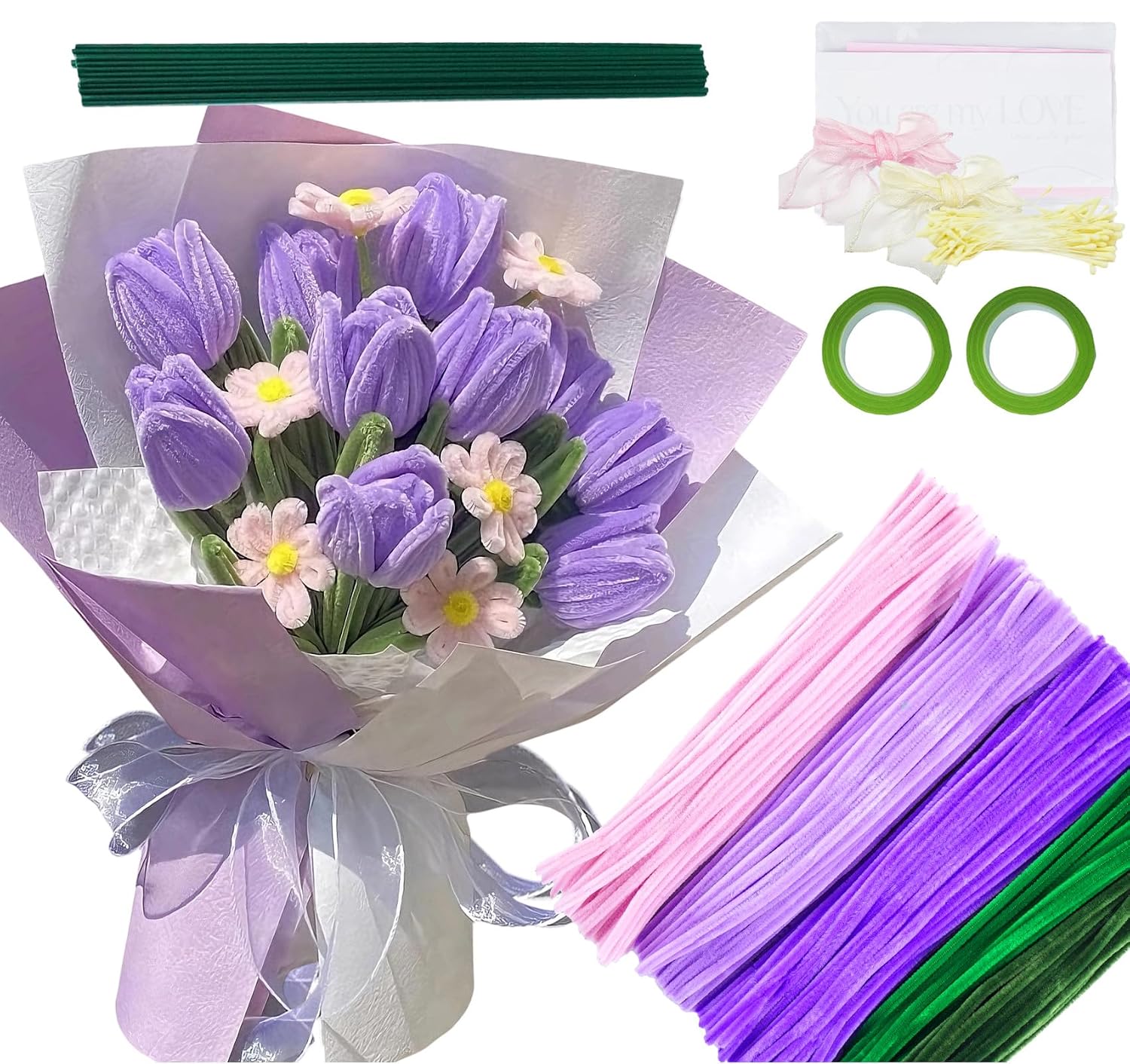 400 Pcs Pipe Cleaner Flower Kit, 5 Colors Chenille Stems, Purple Pipe Cleaners with Instruction, for DIY Flower Bouquets, Home Decor, Wedding and Party Decorations, and Gifts