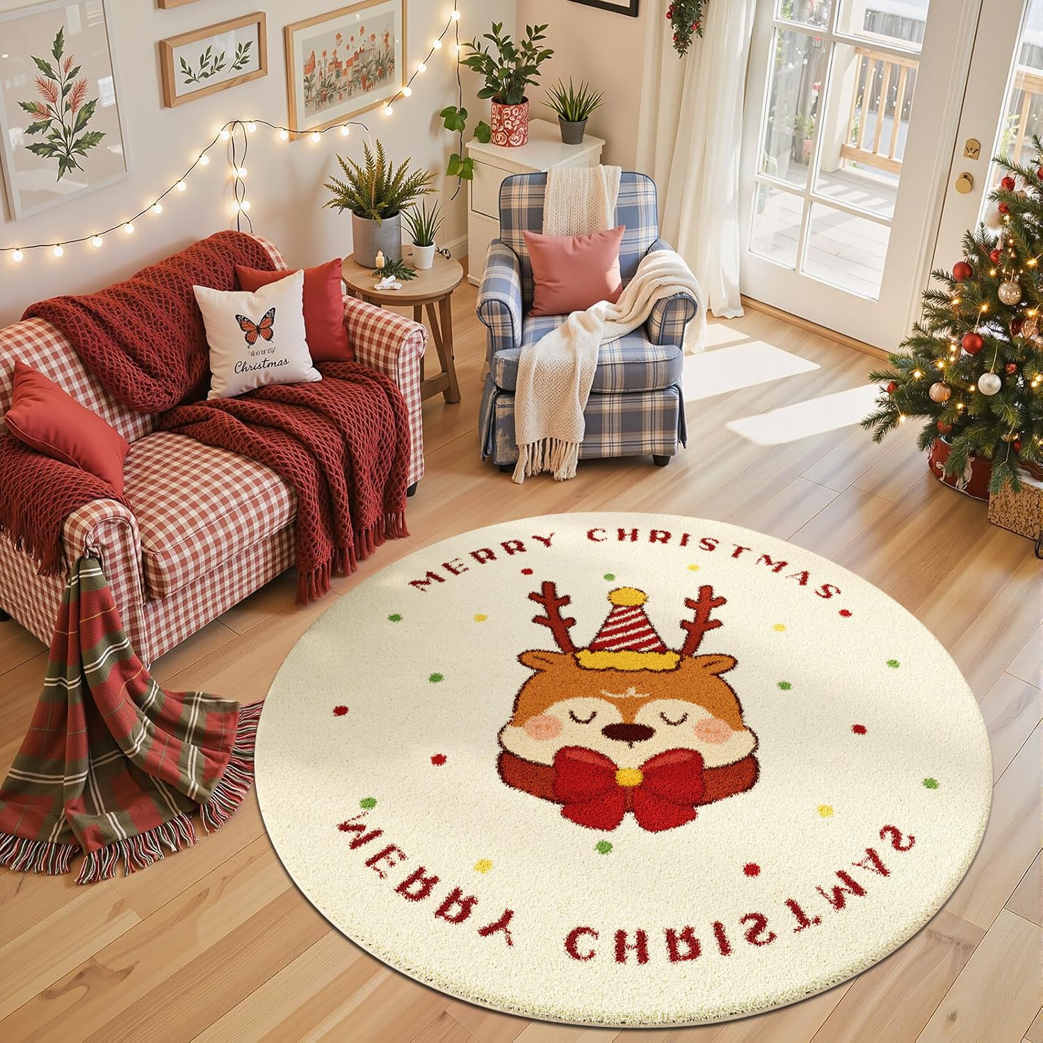 Alfombras Pequeñas Navideñas Blanco,Alfombras Salon Modernas Antideslizante Navideña,Alfombra Chimenea de Decoración Invierno,Alfombra Navidad Redonda para Salón Entrada Comedor Baño,D,140cm