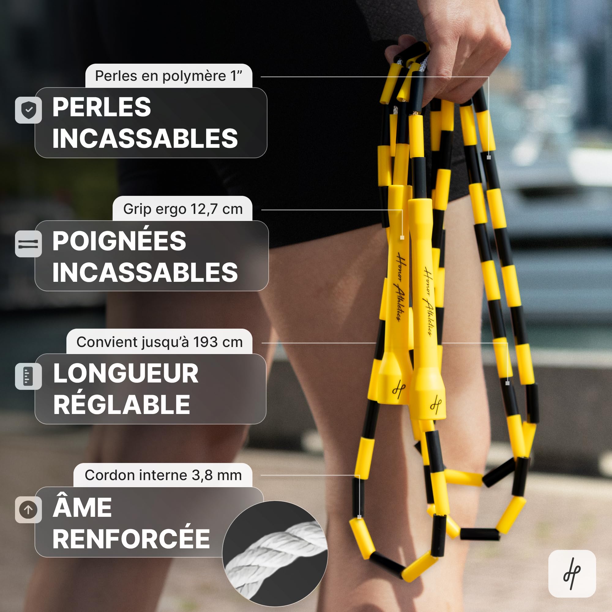 Honor Athletics 2.0 Corde à sauter réglable avec poignées incassables et perles incassables pour entraînement de fitness amélioré