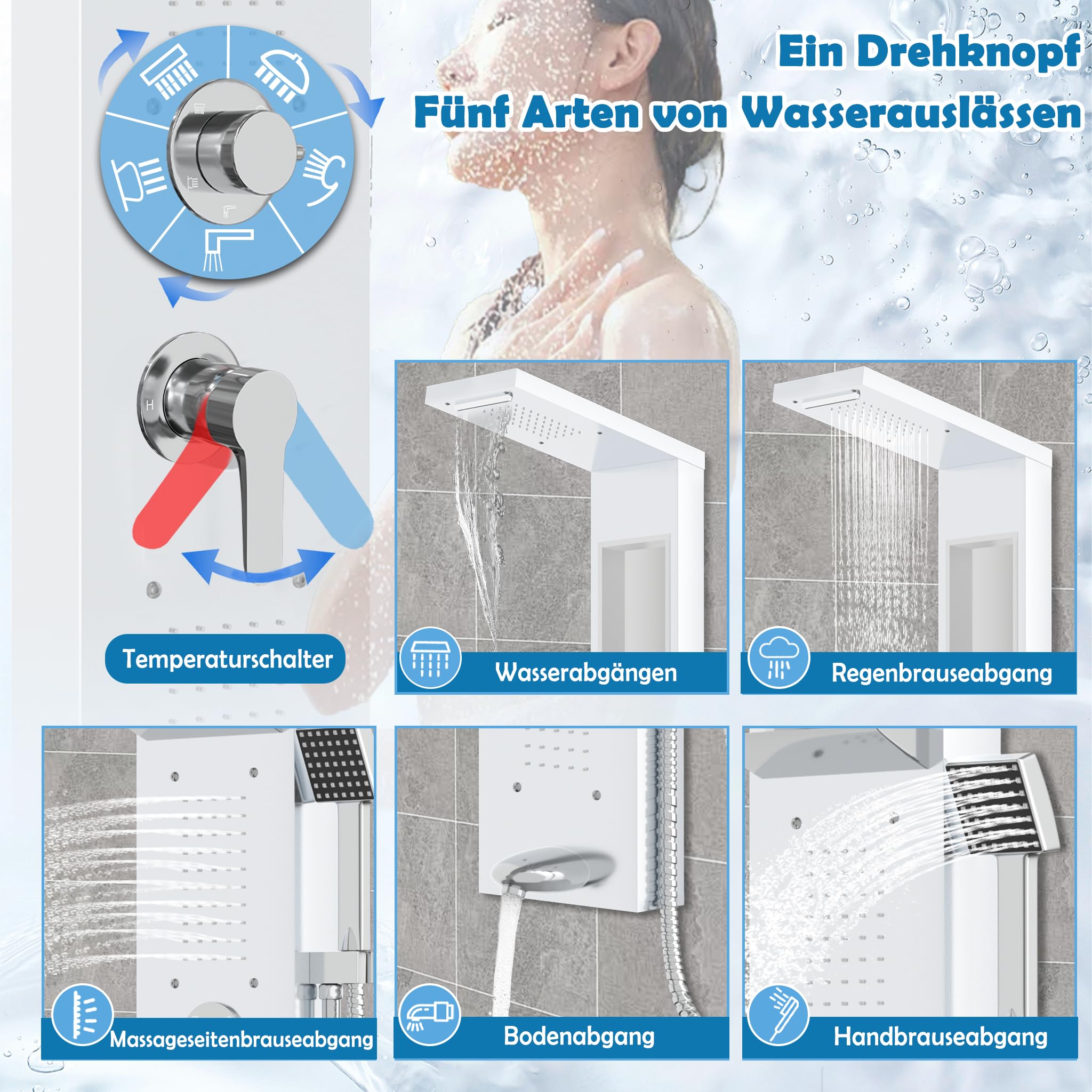 Froadp Kit Doccia a Pioggia in Acciaio Inox, 5 Funzioni, Montaggio a Parete, Set Doccia Completo (Bianco)