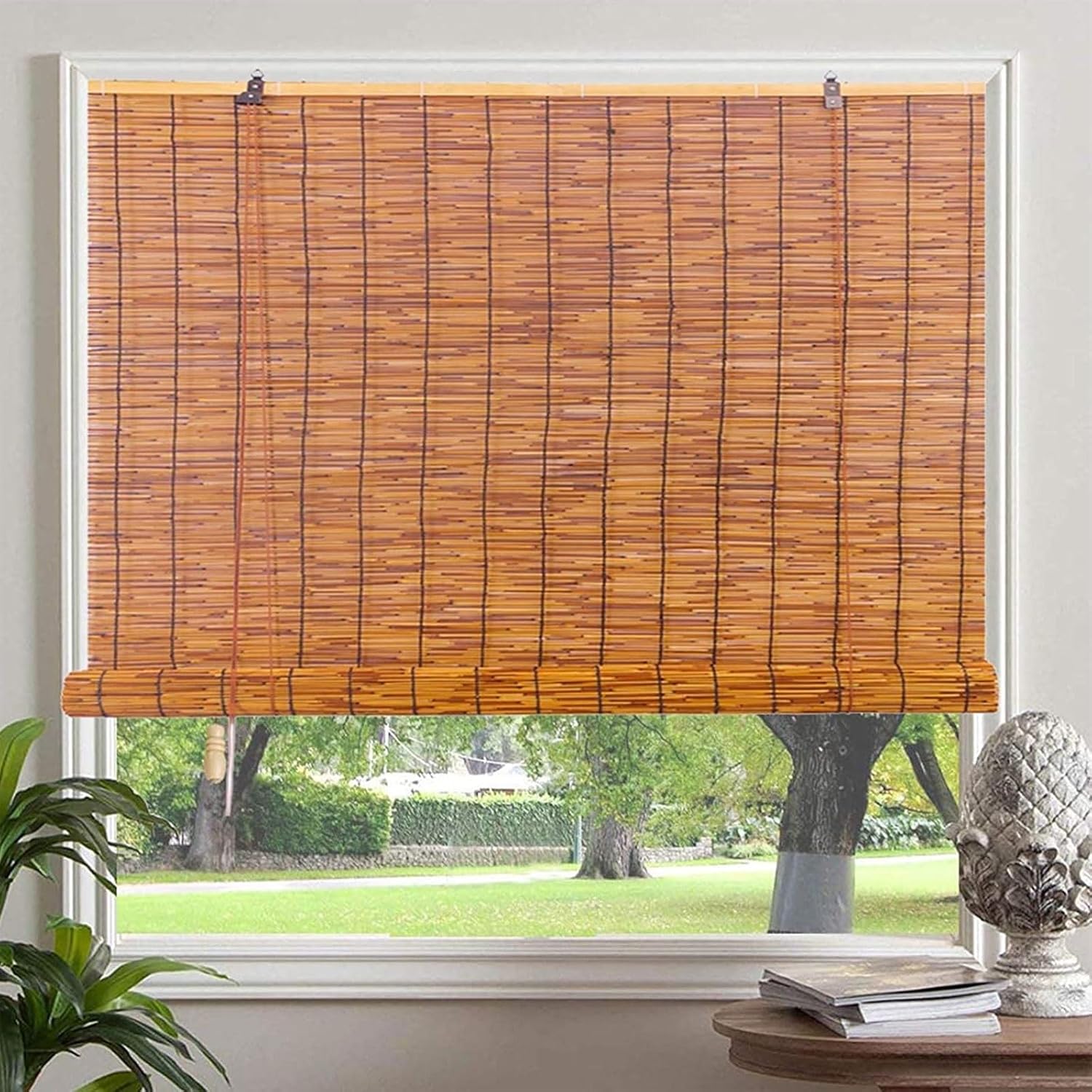 Blackout Outdoor Bamboo Roll-up Shades,Cordless Roller Blinds Privacy Screen Natural Retro Reed Shade with Lifter,for Home Patio Porch,Easy to Install,Custom (64" W x 44" H)