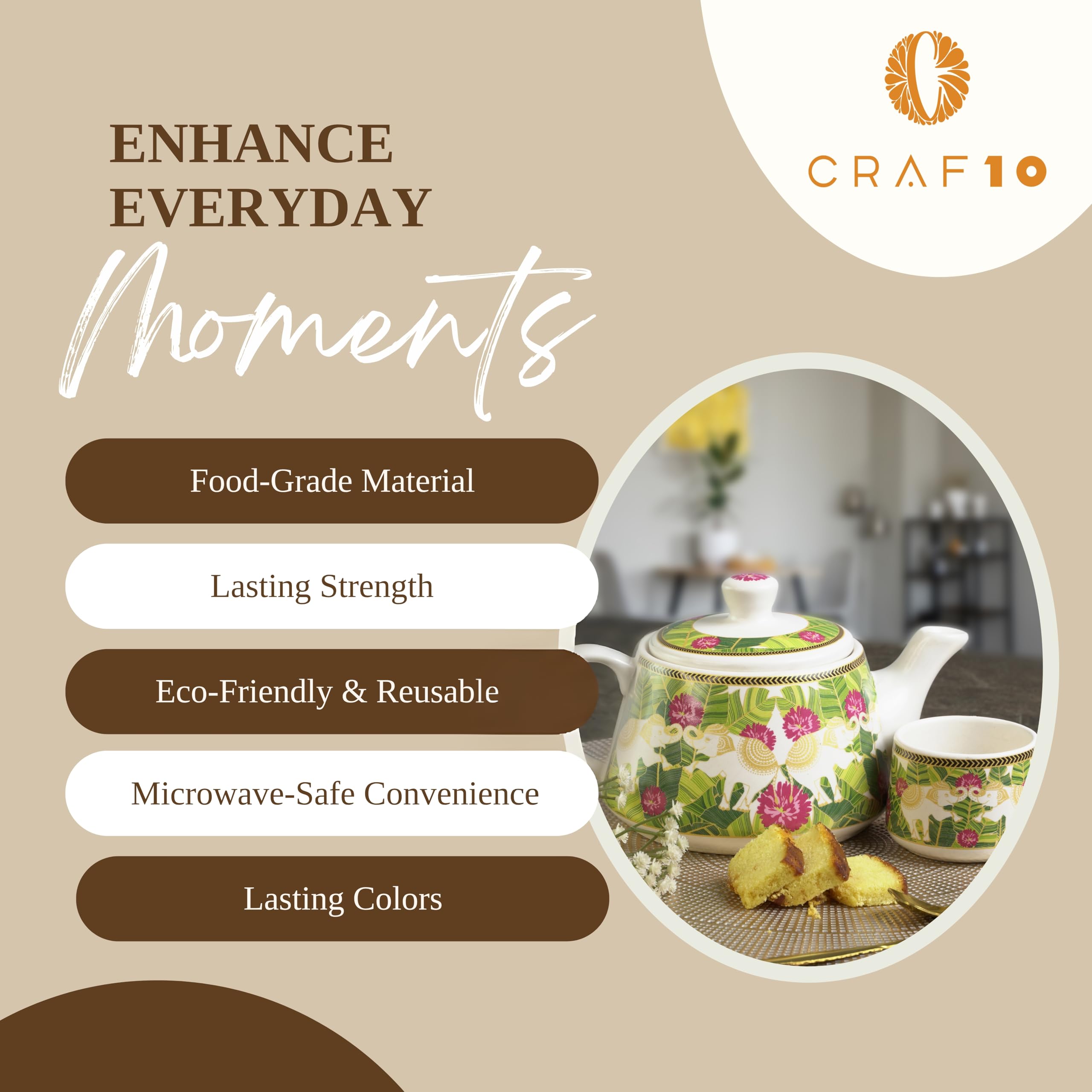 CRAF10 Ceramic Handcrafted Royal Elephant Printed Tea Morning Set - 1 Kettle (1 Litre) & 6 Cups (160 ML) | Microwave & Dishwasher Safe | Teapot | Tea Sets with Kettle for Gifting 2