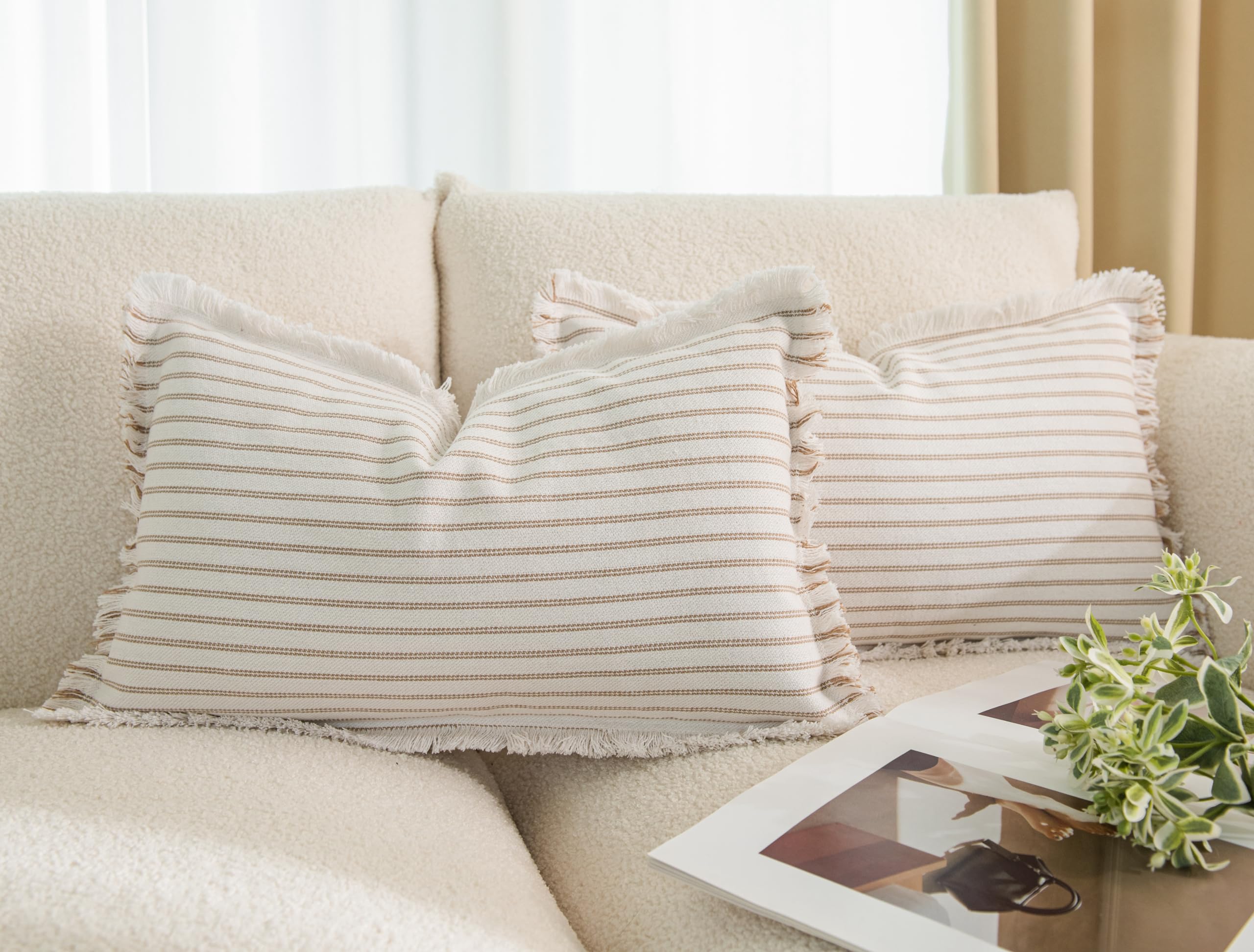 LIGICKY Set of 2 Fringe Lumbar Cushion Covers with Tassels Khaki Striped Boho Farmhouse Throw Pillow Covers Soft Rectangle Cushion Cases for Sofa Couch Bed Living Room Decor 12 x 20 inch