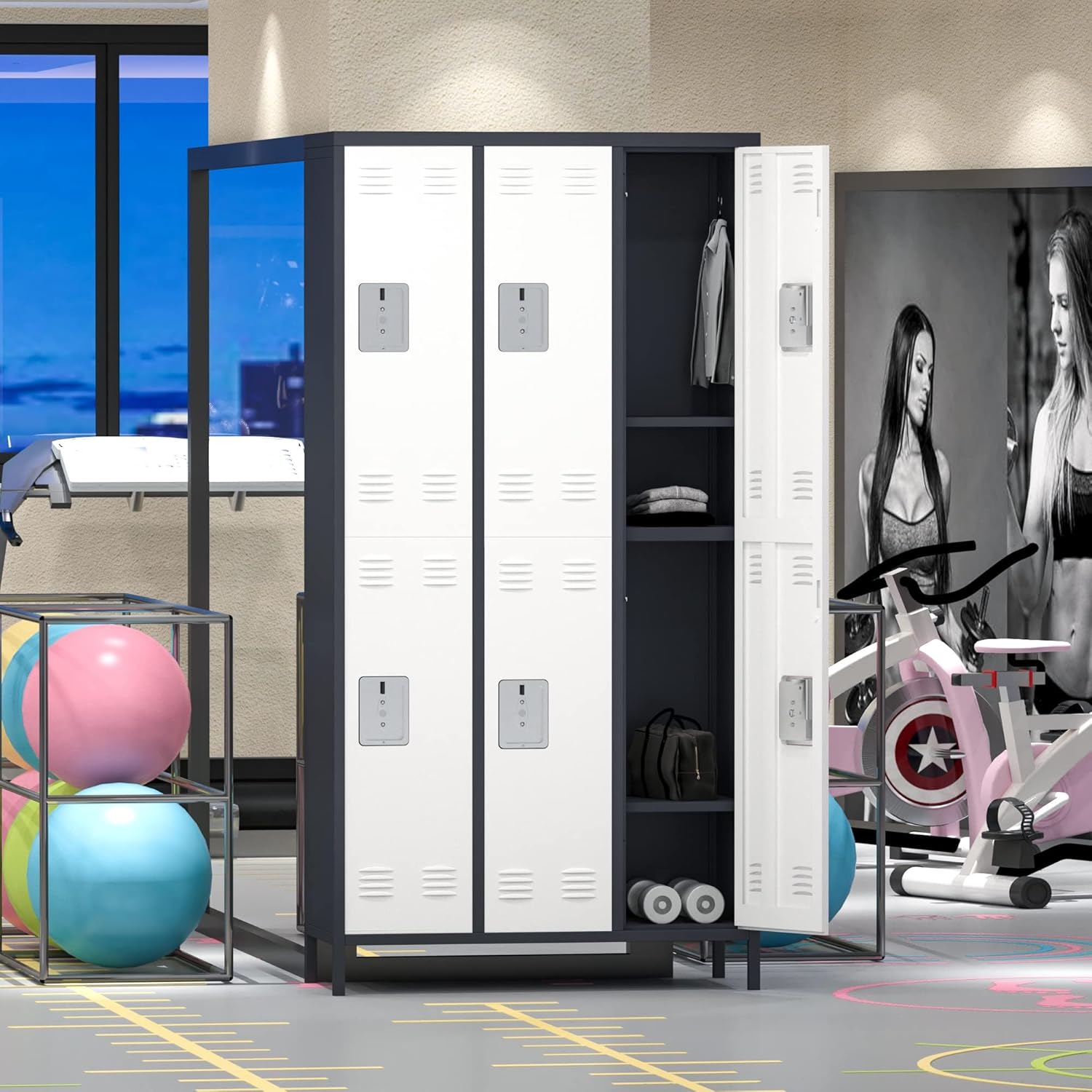 6 Doors Metal Storage Lockers for Employees, Industrial Steel Locker with 18 Hooks for Gym,School,Garage,Office,Bedroom,Assembly Require,Light Gray&White