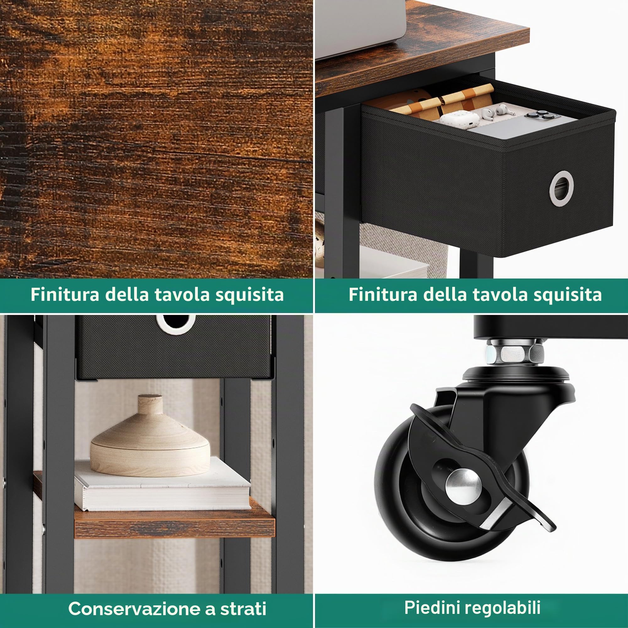 YITAHOME Tavolino a Forma di C, Tavolino Laterale da Divano in Metallo con Cassetto e Ruote per Salotto e Camera, 50x30x67cm, Marrone Rustico
