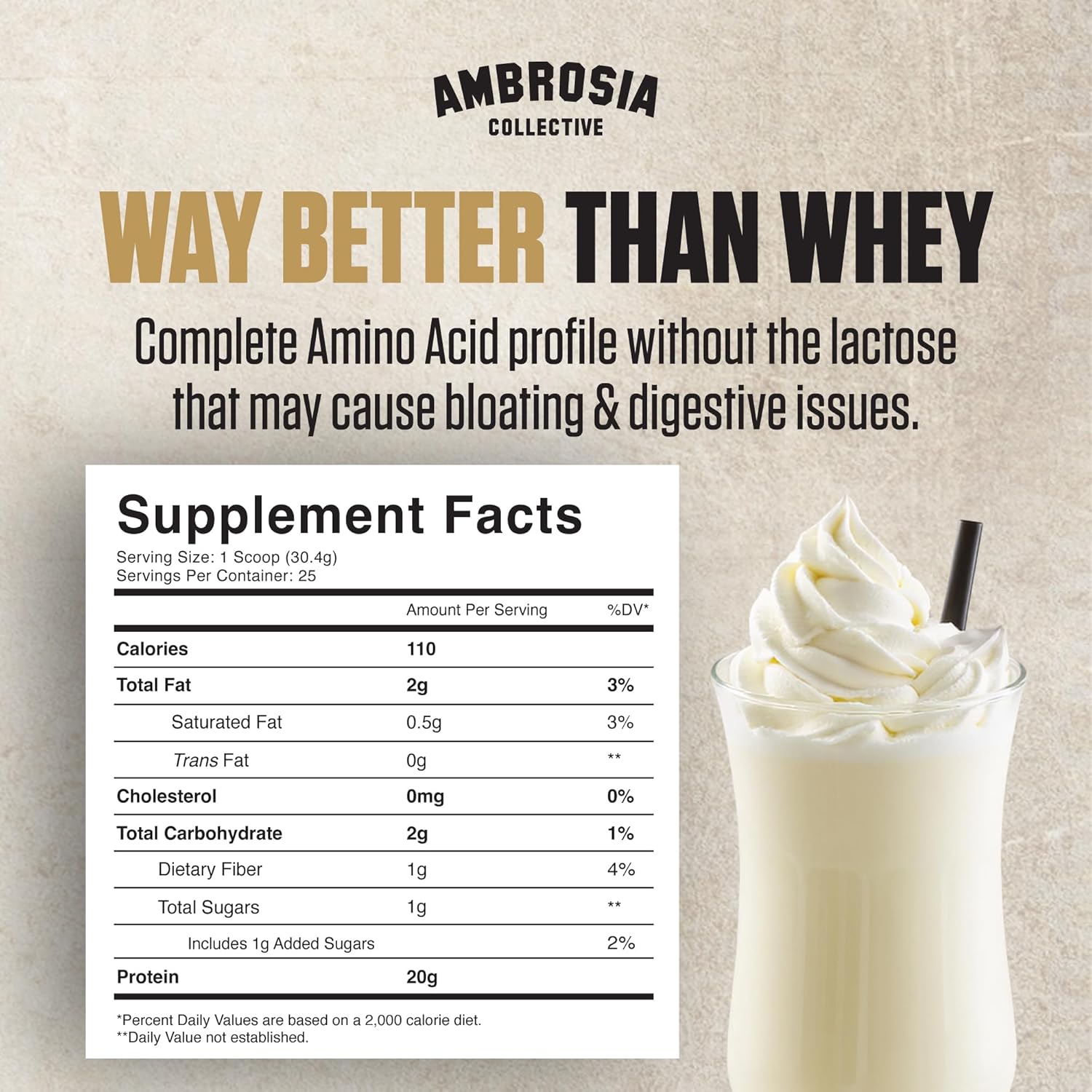 Ambrosia Plant Based Protein Powder 20g | Clean Vegan Pea Protein Powder | Gluten & Dairy Free, Keto Friendly, No Added Sugar | 25 Servings | Vanilla