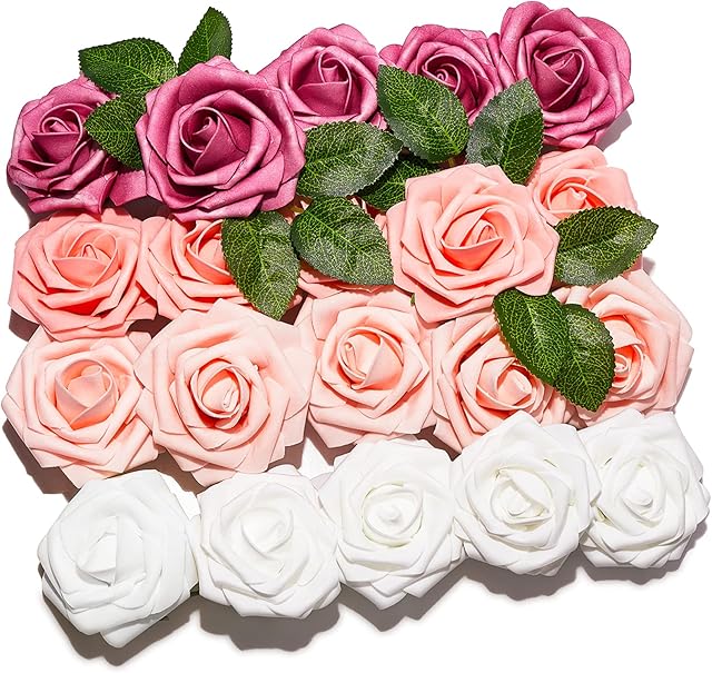 PartyWoo Artificial Flowers, 20 pcs Artificial Roses with Stems, White Fake Flowers, Foam Flowers, Roses Artificial Flowers, Pink Flowers Artificial for Decoration, Wedding Decor, Room Decor
