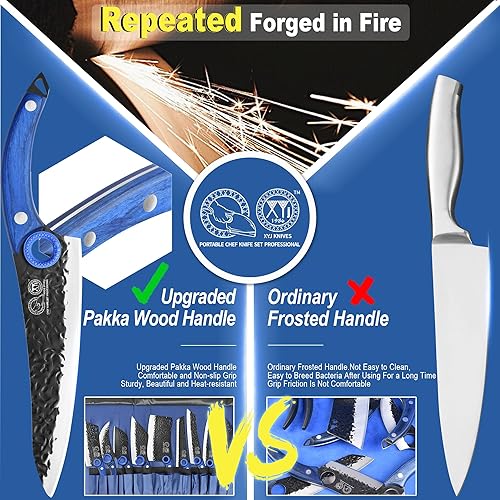 Miniatura 6 de Auténtico XYJ desde 1986, juego de 10 cuchillos de cocina con bolsa de rollo, tijeras, acero afilado, cuchillo pequeño y piedra de afilar, juego de