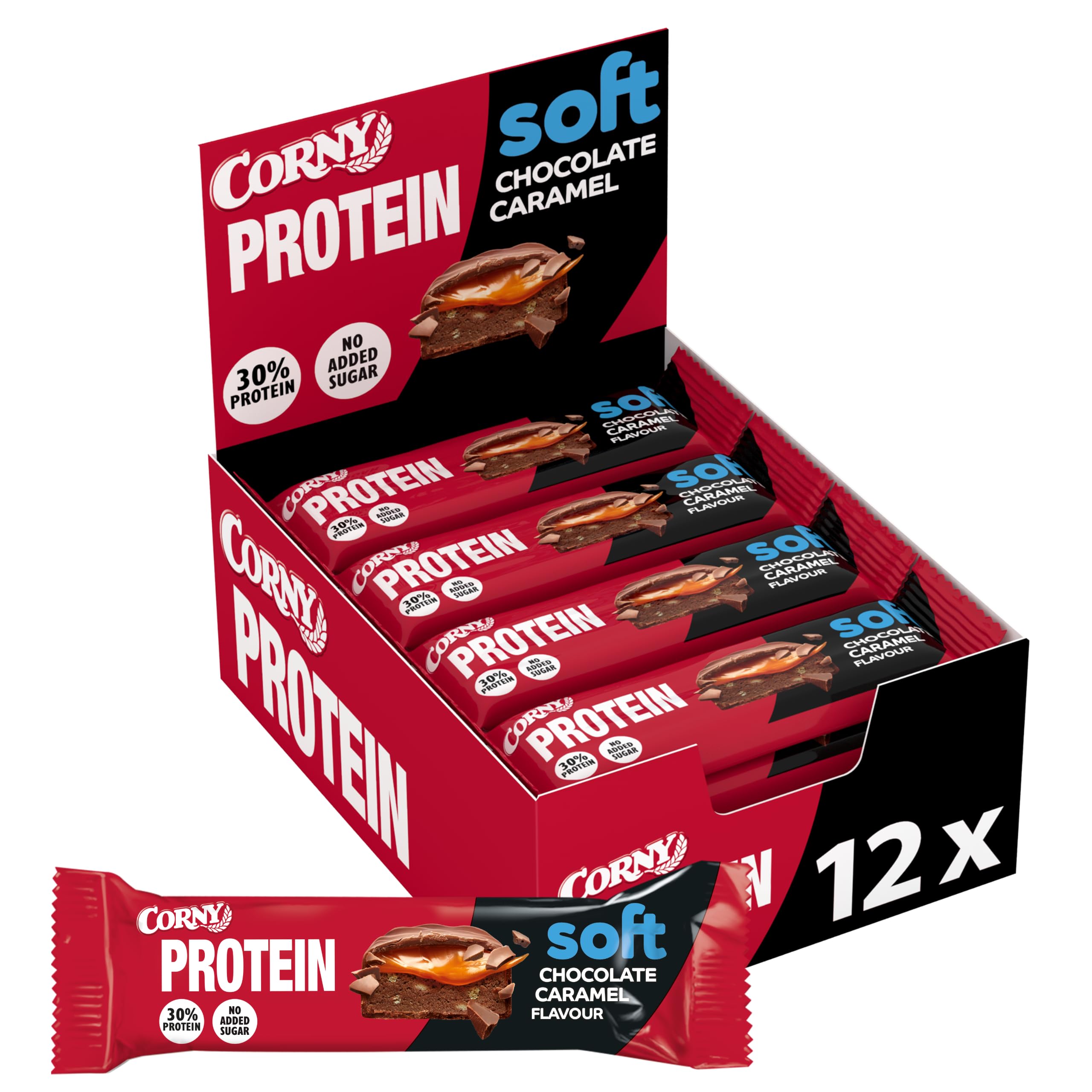 Corny Soft, Barretta Proteica al Cioccolato e Caramello, Ricca di Proteine, Senza Zuccheri Aggiunti, 12 Barrette x 45g
