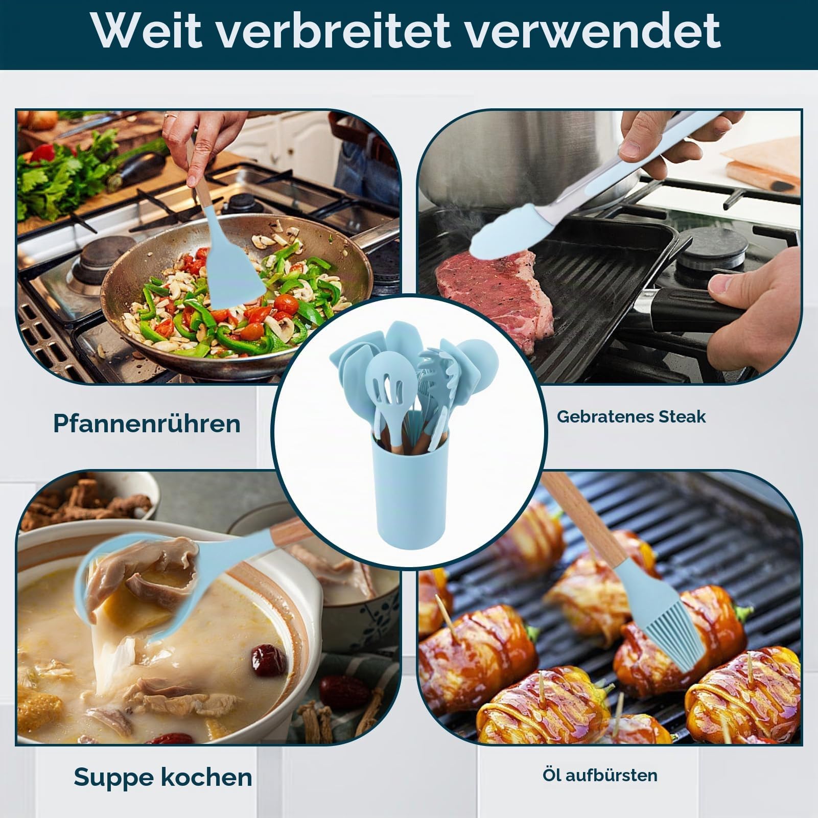12-teiliges Kochutensilien-Set, Silikon-Kochutensilien-Set Hellblau Antihaft-Küchenutensilien mit Holzgriff Silikon-Küchengeschirr