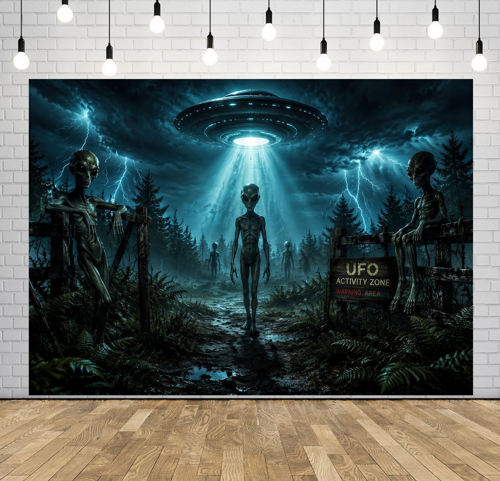 10x6.5FT Stoff UFO Wald Alien Lichtstrahl Hintergrund