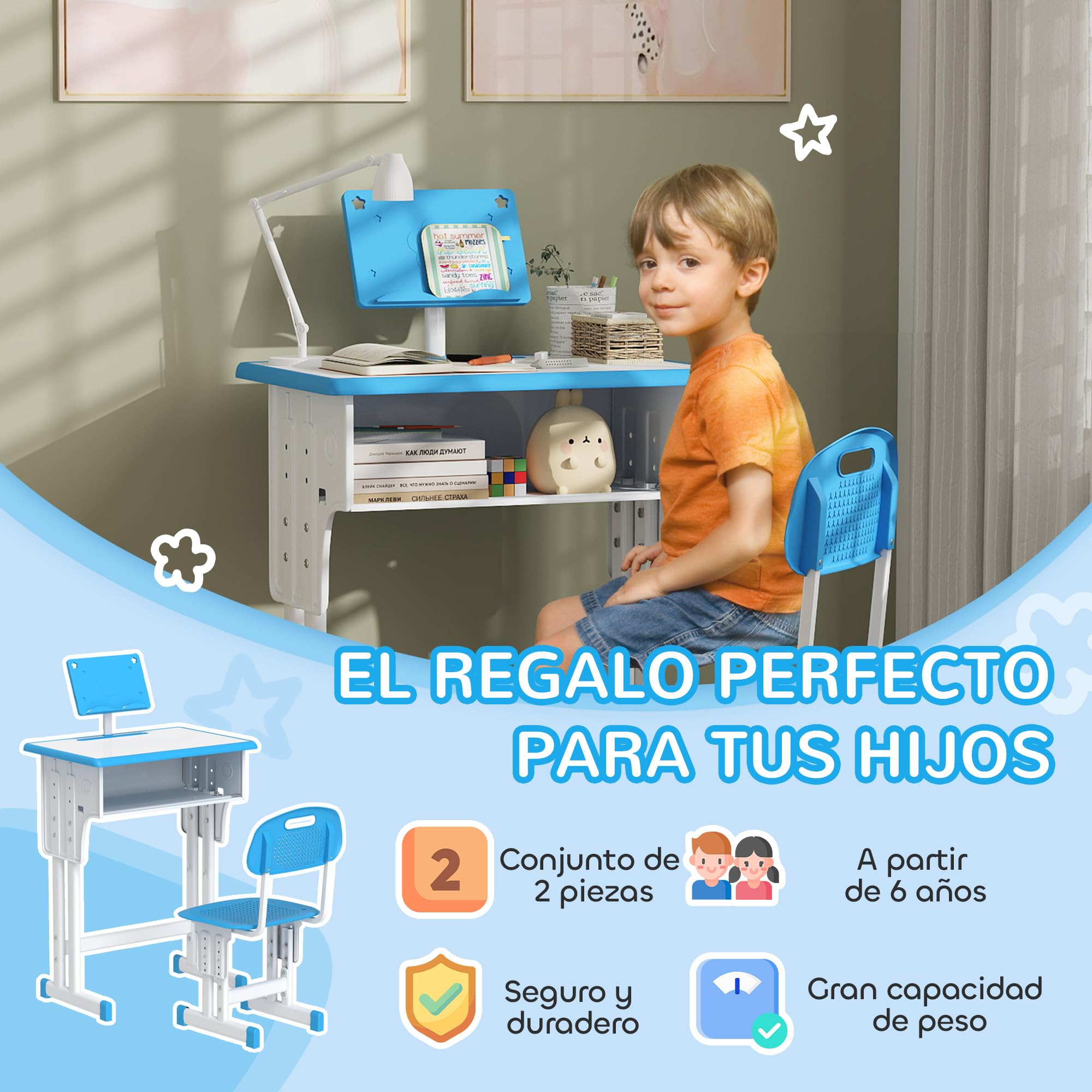 HOMCOM Juego de Escritorio y Silla para Niños de 6-12 Años Escritorio Infantil Altura Ajustable con 1 Cajón 1 Ranura para Lápiz y 1 Estante para Libros Acero 60x45x90-102 cm Azul