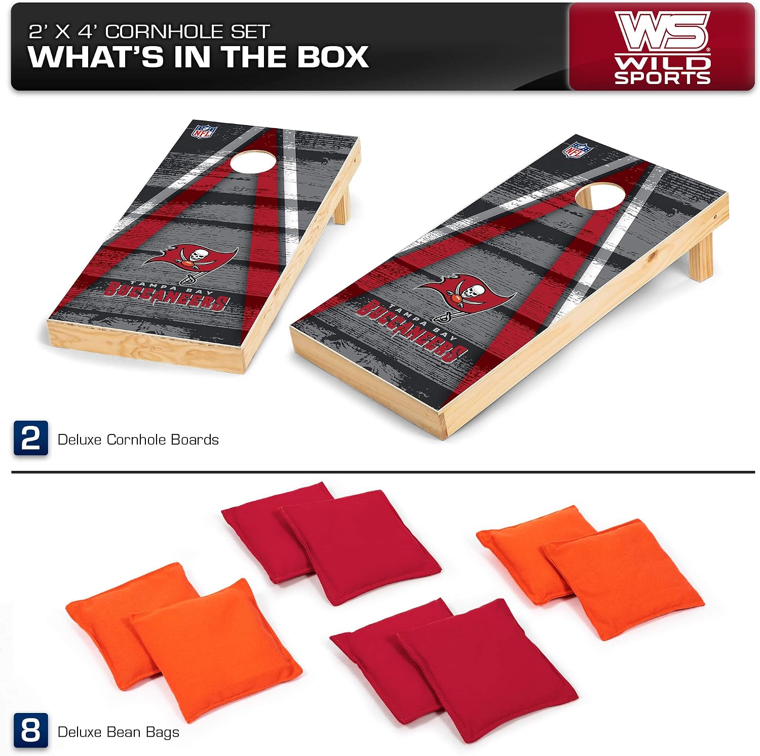 NFL Pro Football 2' x 4' Wood Direct Print Tournament Cornhole Set by Wild Sports, Comes with 8 Bean Bags - Perfect for Tailgate, Outdoor, Backyard