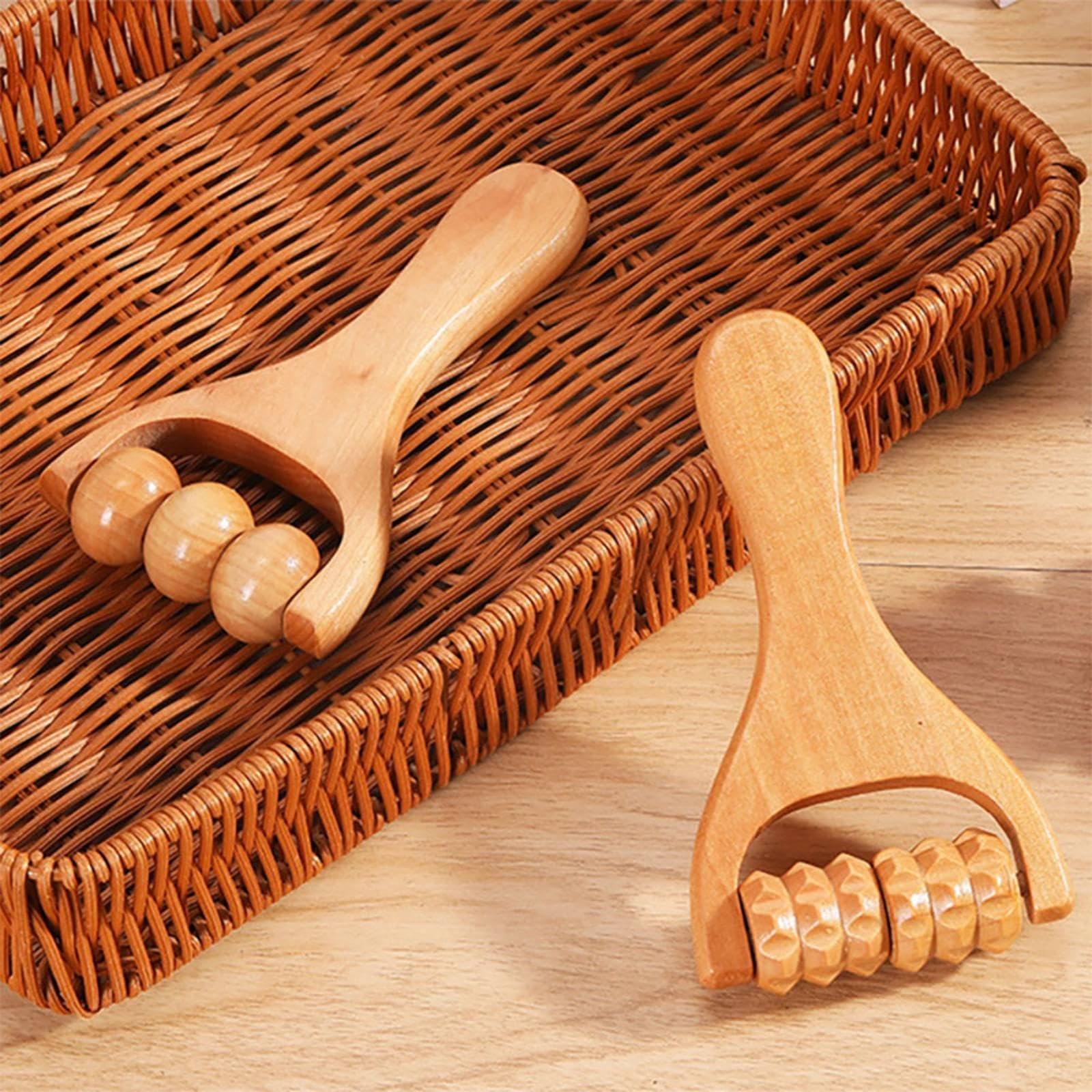 Rodillo Manual de Madera para Masaje Facial Y Corporal con Mango Antideslizante Y Textura Suave para Estimular La Piel Y Reducir La Hinchazón en, 4 piezas