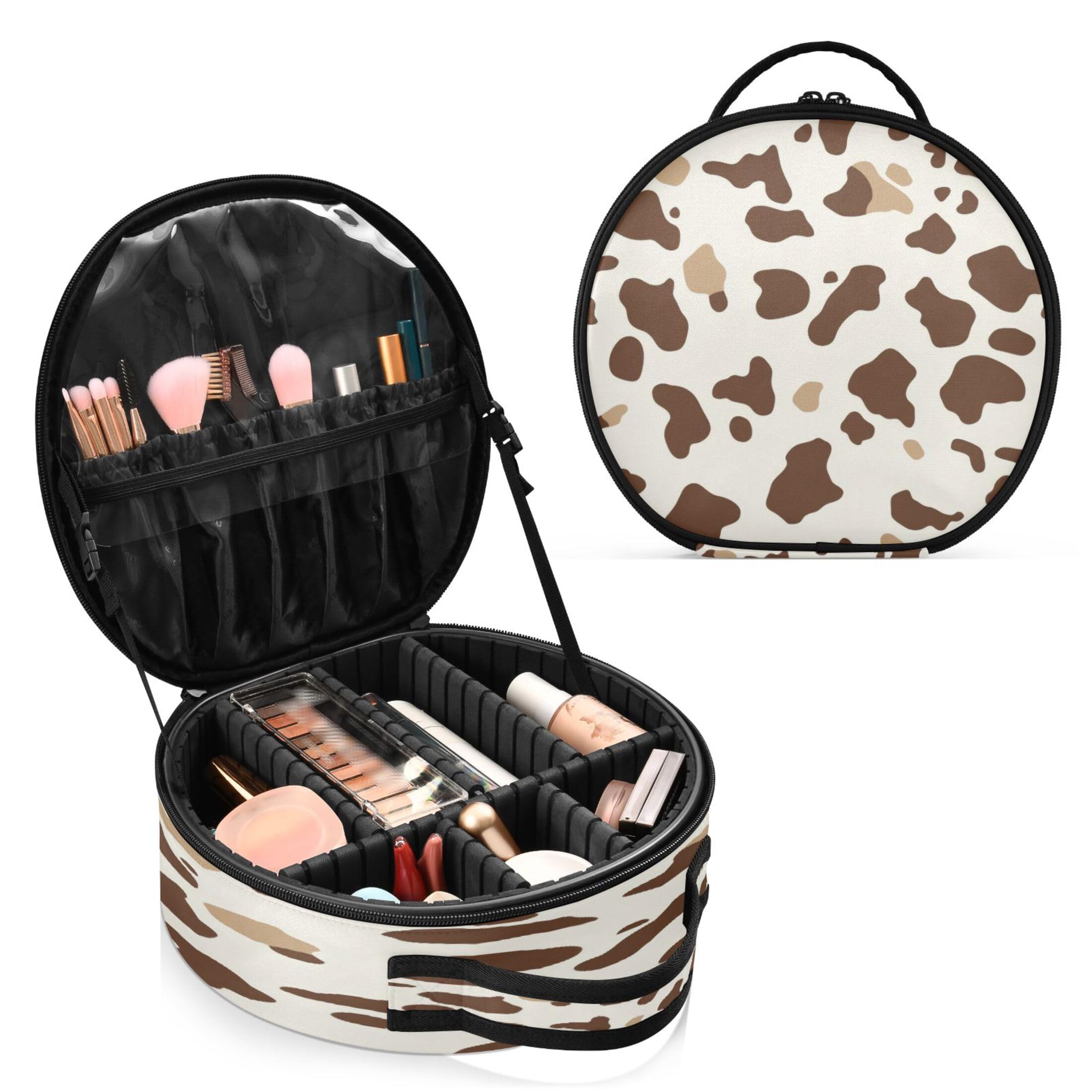 Takiito Cow Print Travel Makeup Case Portable Makeup Box Artist Cosmetic Case Organizer With Adjustable Dividers
