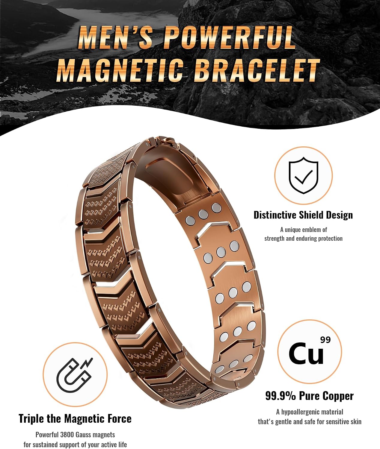 Copper Bracelet for Men,3X Magnetic,3800 Gauss,99.99% Pure Copper Magnetic Bracelets for Men, Power Balance,Shield Design,Gift Box Packaging With Adjustment Tool