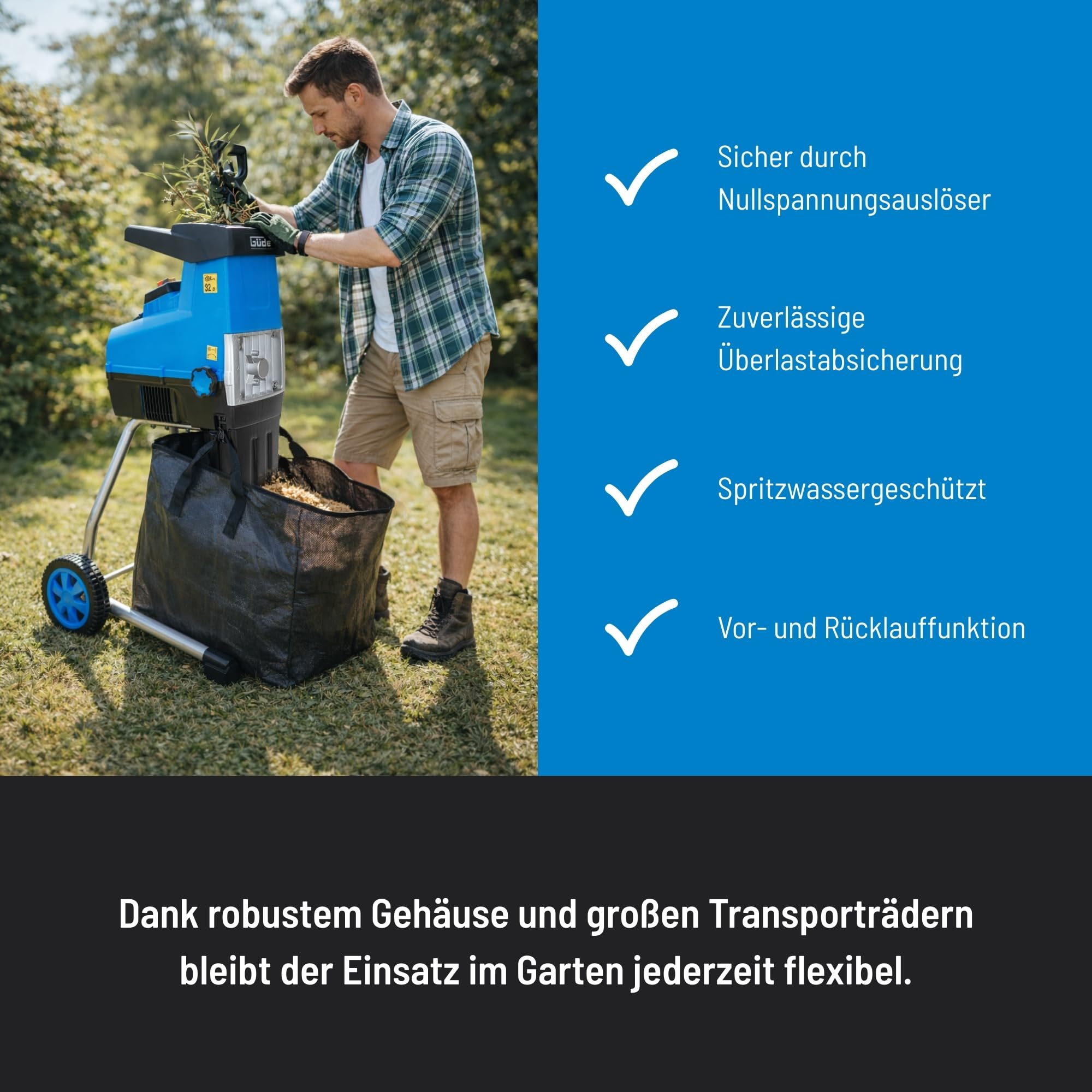 Güde Gartenhäcksler GH 2801 SILENT 2800 W 44 mm Walzentechnik 30 l Fangsack
