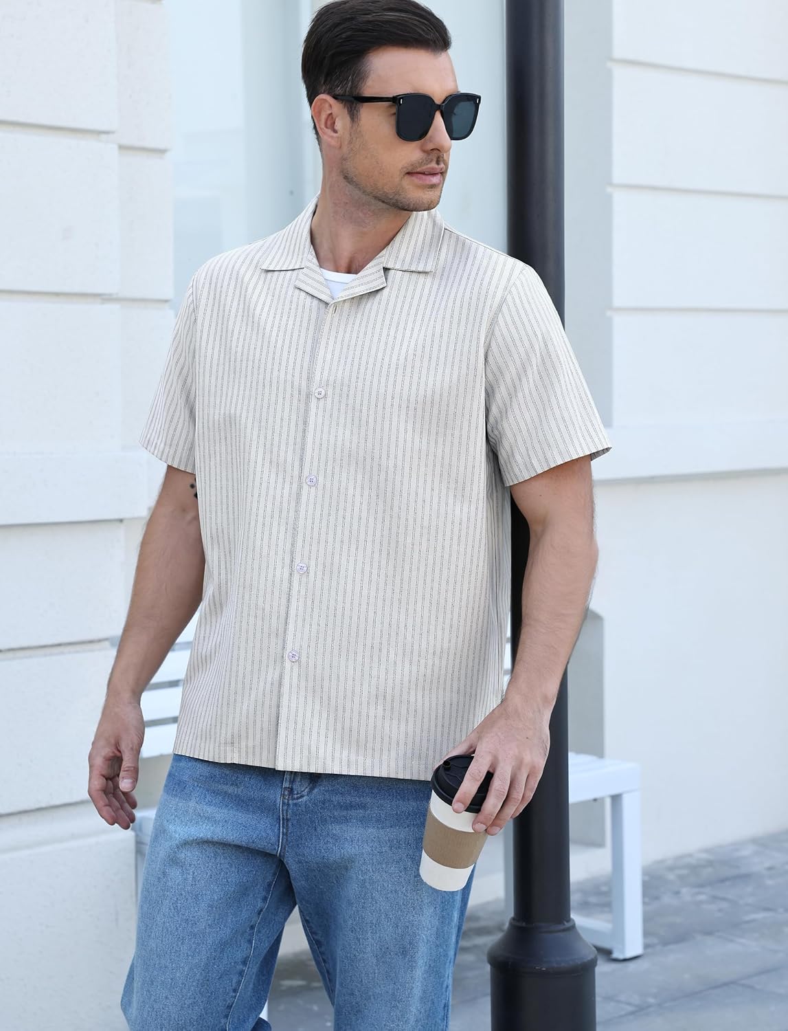 Lzzidou Men's Cuban Striped Button Down Shirt Cotton Short Sleeve Casual Summer Shirts - Image 5