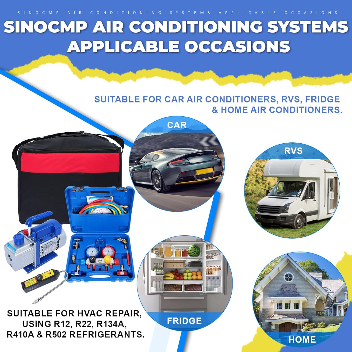 SINOCMP 4-Way Valve AC Manifold Gauge Set Kit, 4CFM Single Stage 110V 1/3 HP HVAC Vacuum Pump with Leak Detector for R134a R410a R12 R22 Air Conditioning Refrigeration Recharging