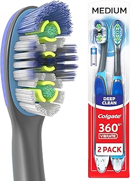 Colgate 360 Vibrate Deep Clean Battery Powered Electric Toothbrush with Medium Bristles, 2 Pack, Sonic Powered