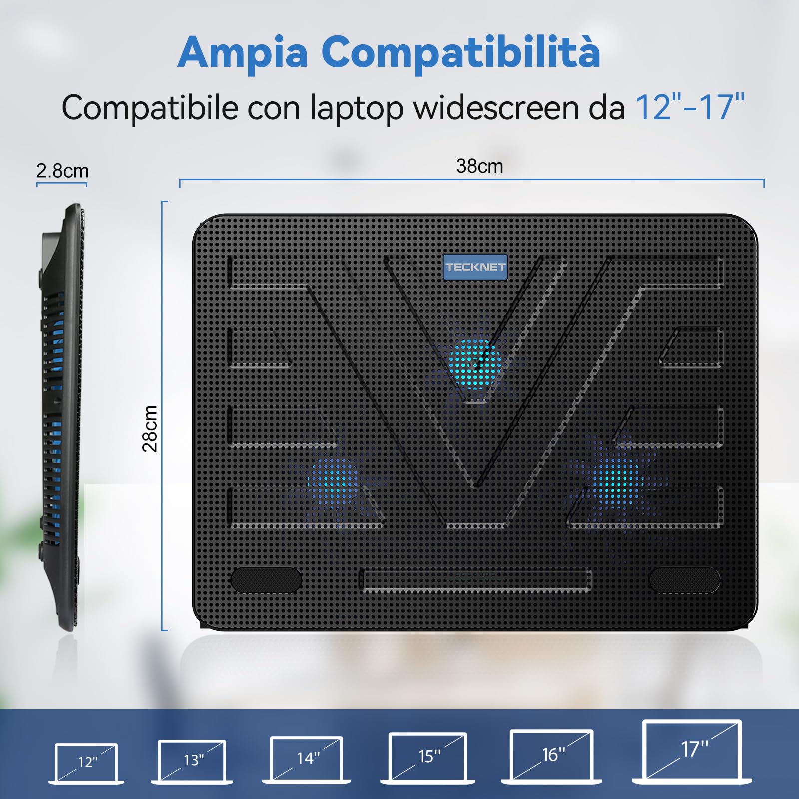 TECKNET Ventola di raffreddamento per computer portatile 3 ventole LED 2 porte USB 12"-17"