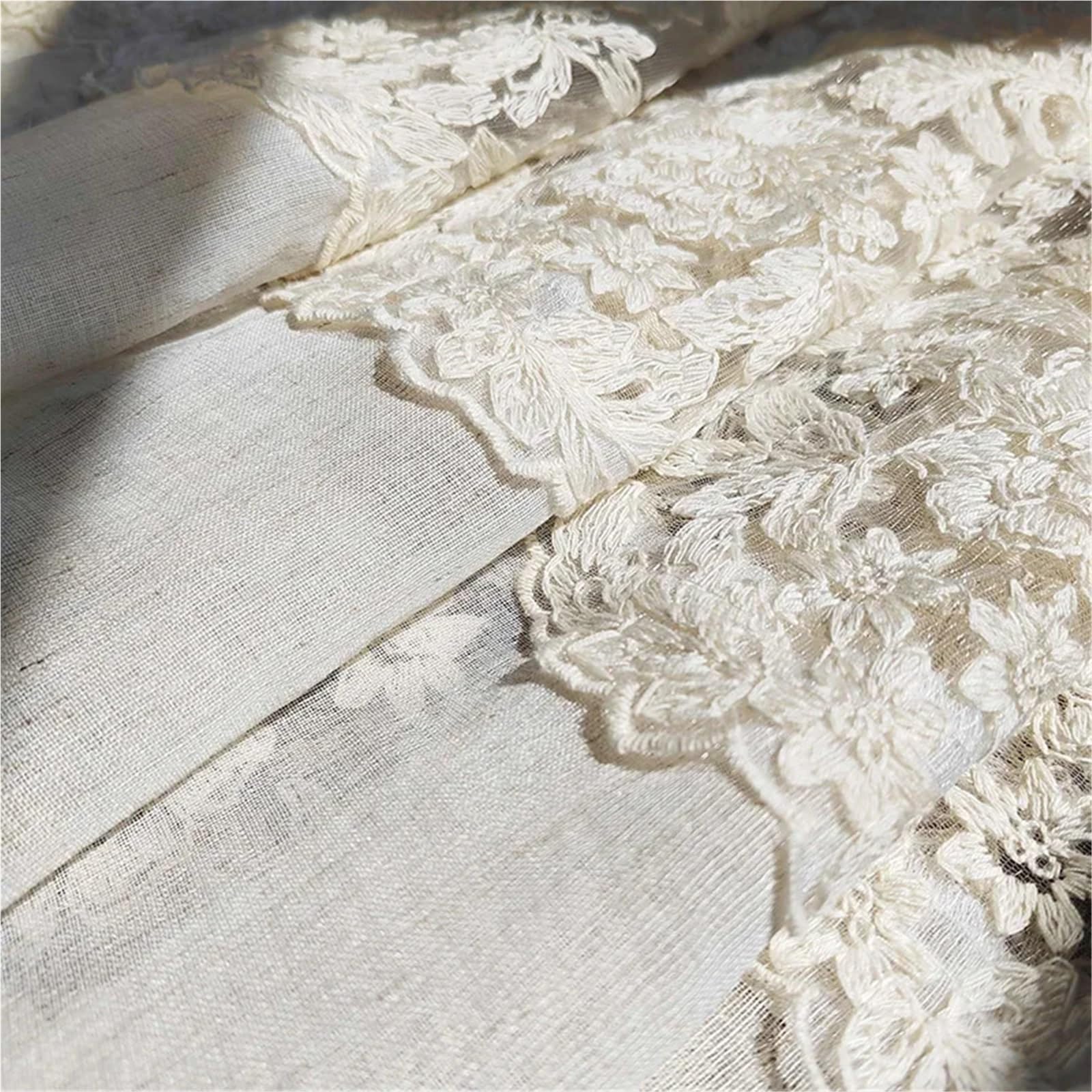 Tende Per Finestre Piccole Tenda corta trasparente con ricamo floreale romantico, in pizzo beige retrò, for soggiorno, camera da letto, mobile cucina(W100 x H90cm 1Piece)