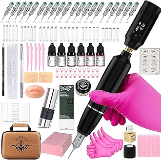 Eyebrow Microblading Tattoo Machine Kit, Professional Complete Wireless Tattoo Gun with Tattoo Power Supply, 50Pcs Cartridge Needles, 7Pcs Inks, Microblading Supplies for Beginners (Black, TP39)