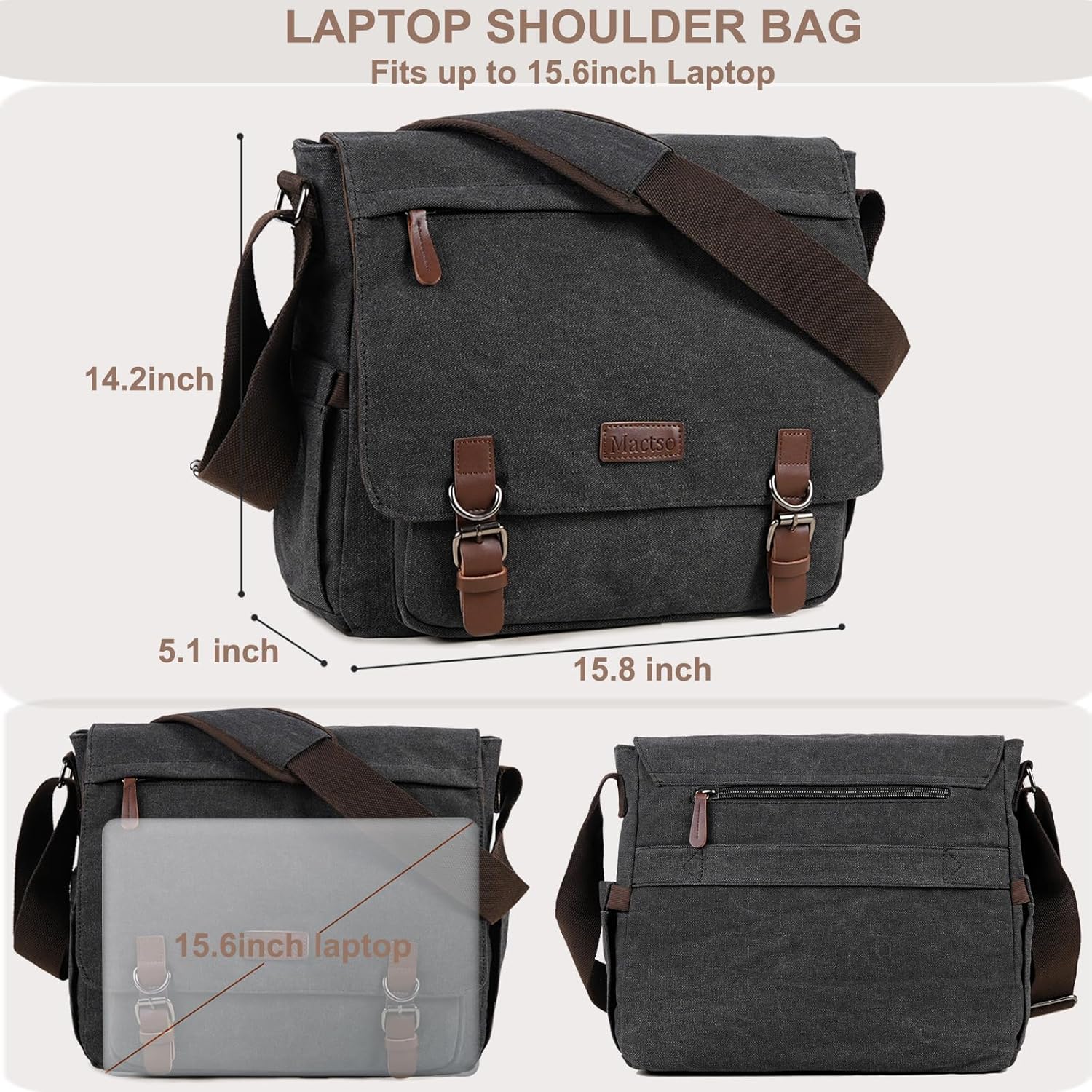 Canvas Messenger Bag for Men Women,Travel Satchel Shoulder bag 15.6 Inch Laptop Bag briefcase Business - Image 3