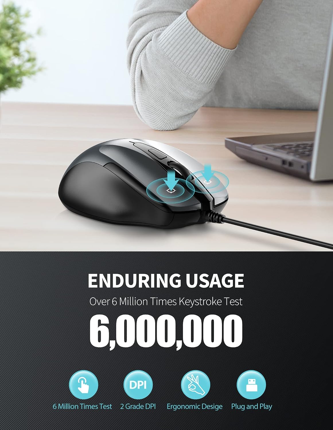TECKNET Pro S2 High Performance Wired USB Mouse, 6 Buttons, Upto 2000dpi