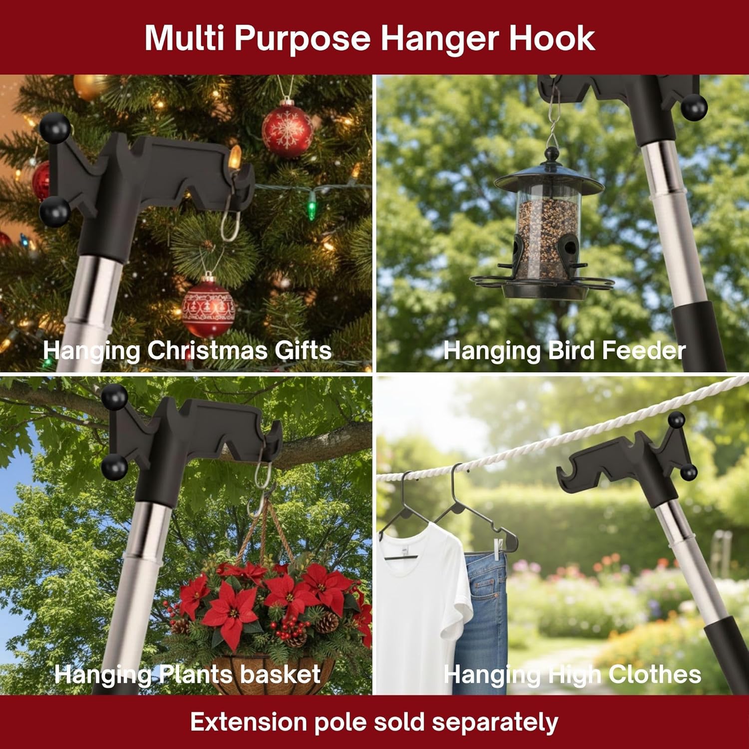 Christmas Light Hanger Hook Tool, Utility Hook Screw On Pole Attachment (Pole NOT Included, Fits on 3/4 Inch Acme Thread) Multi-Purpose Installation, String Light, Birdfeeder, Hanging Clothes & Plant