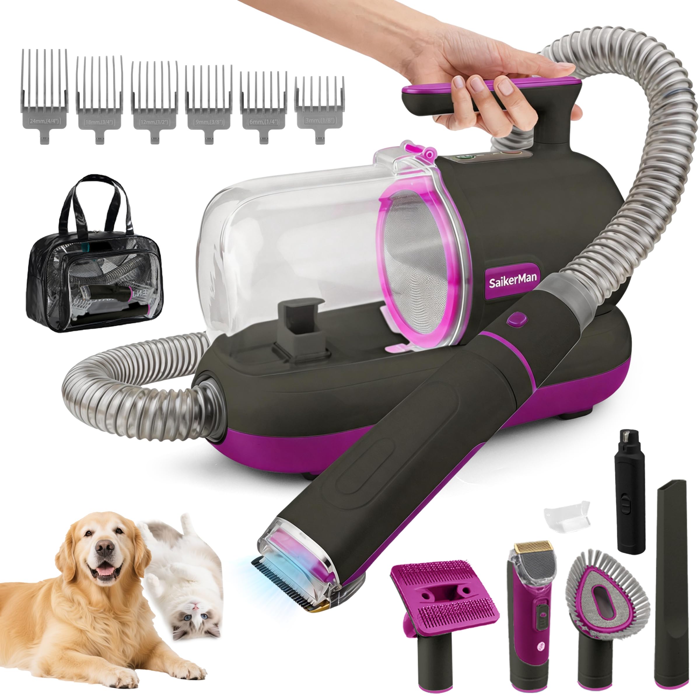 Dog Grooming Kit with Vacuum 11000Pa, 6-in-1 Dog Clippers Professional for Thick Hair, Low Noise 55dB Pet Trimmer for Grooming, Cat Hair Clipper with 3 Speeds, Pet Shaver and Comb