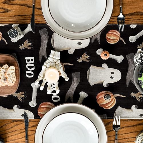 Miniatura 4 de Artoid Mode Camino de mesa con diseño de calabaza fantasma de acuarela color negro temporada de otoño espeluznante Halloween vacaciones cocina