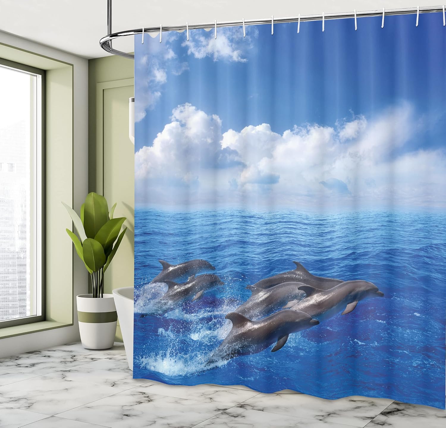 Ambesonne Sea Animals Shower Curtain, Dolphins Jumping in The Clear Sea and Fluffy Clouds in The Sky Marine Life of Photography Art, Fabric Bathroom Decor Set with Hooks, 69" W x 75" L, White Blue
