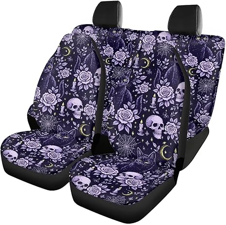 Halloween Skull Rose Cat Automotive Front and Rear Seat Covers,Universal Fit Interior Accessories for Cars, Breathable 4 Pieces Vehicle Cushion