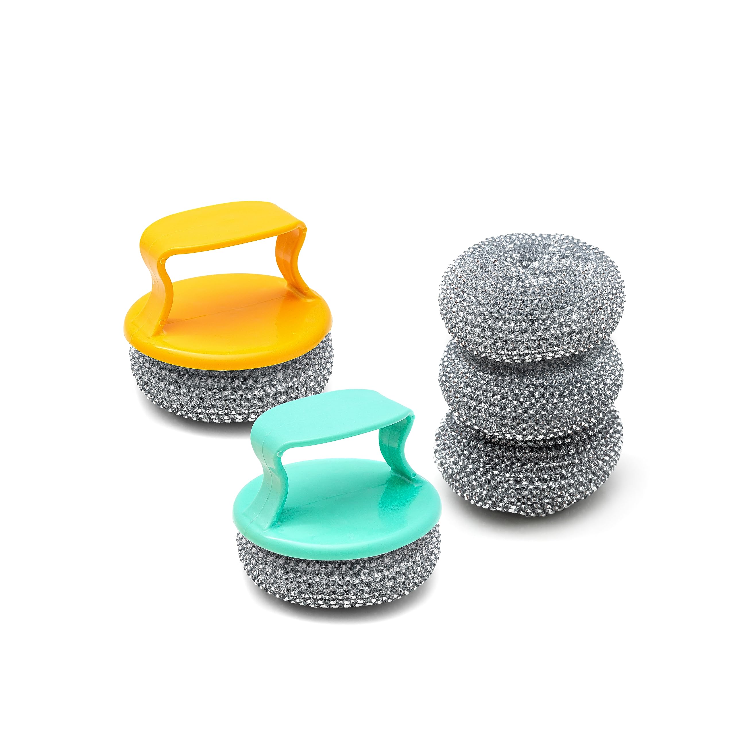 Steel Wool Scrubber - Stainless Steel Scrubbers for Cleaning Dishes - Metal Scrubber for Pots, Pans, Grills, Sink, Ovens - 5 Pcs Replaceable Metal Sponge with 2 Pcs Plastic Handle
