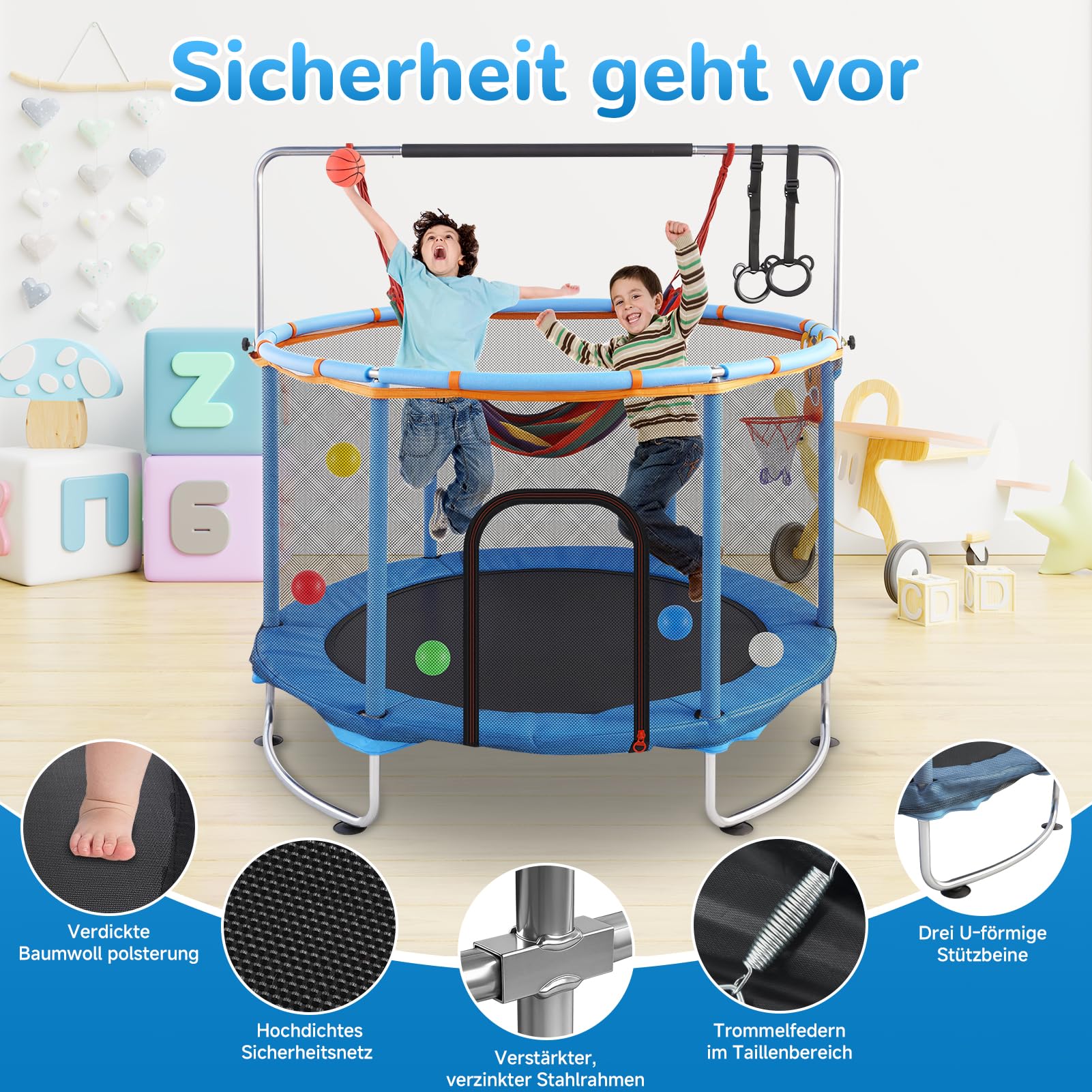 Trampoline pour enfant de 150 cm - Hauteur réglable - Pour l'intérieur et l'extérieur - Avec filet de sécurité et barre de gymnastique - Charge maximale : 200 kg - Avec panier de basket, balançoire et