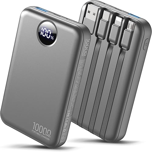 Cargador portátil 10000mAh Banco de energía delgado con 4 cables integrados (Type-C/Micro-USB/Lightning/USB-A), pantalla LED de entrada/salida