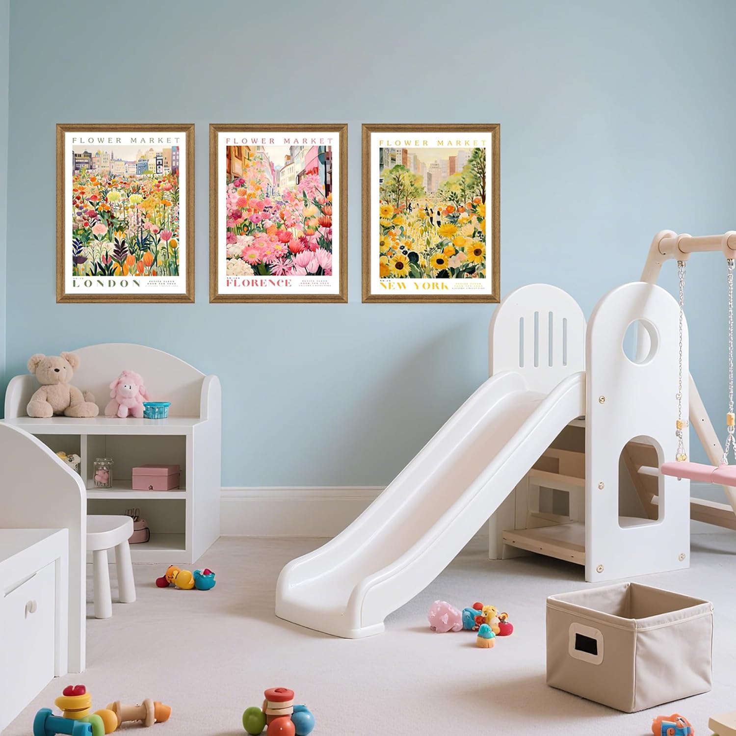 Ovczax Framed Flower Market Wall Art, Colorful Flowers Canvas Wall Decor, Travel Poster Decorative Picture Set - 3 Framed floral wall art, Suitable for Living Room Bedroom Dining Room 16" x 12"