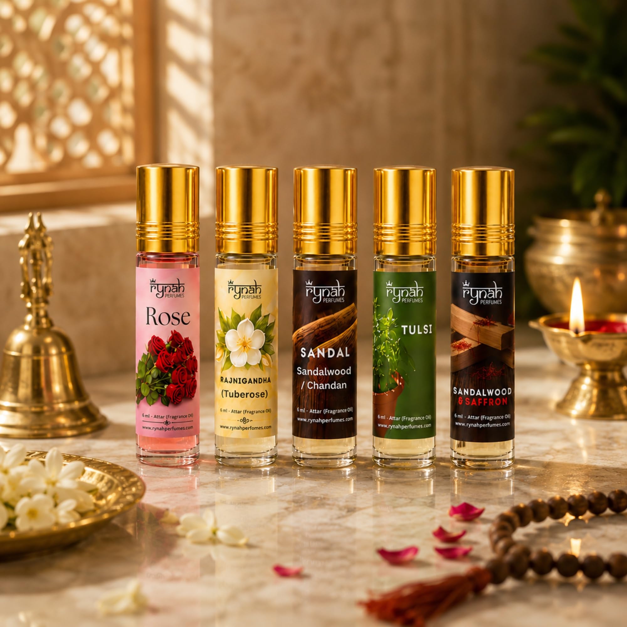RYNAH Attar for Puja Pooja - 5 x 6 ml Attars - For Puja Pooja Festivals/Combo set of Attar for Men Women Unisex/Long Lasting upto 12 hours/Non Alcoholic and Vegan-image-12