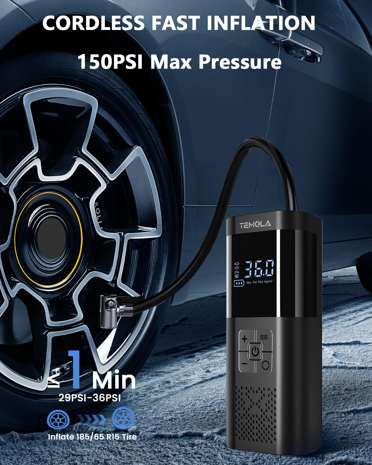 TEMOLA Tire Inflator Portable Air Compressor, Air Pump for Car Tires — view 4
