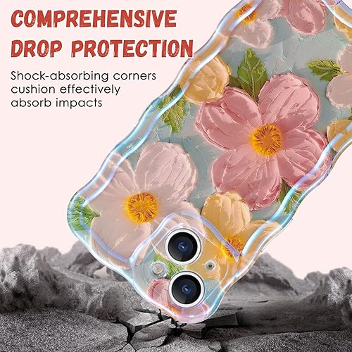 Miniatura 4 de QLTYPRI Funda para iPhone 13, colorido láser retro pintura al óleo patrón de flores, lindo marco de onda rizada, exquisita funda para teléfono para