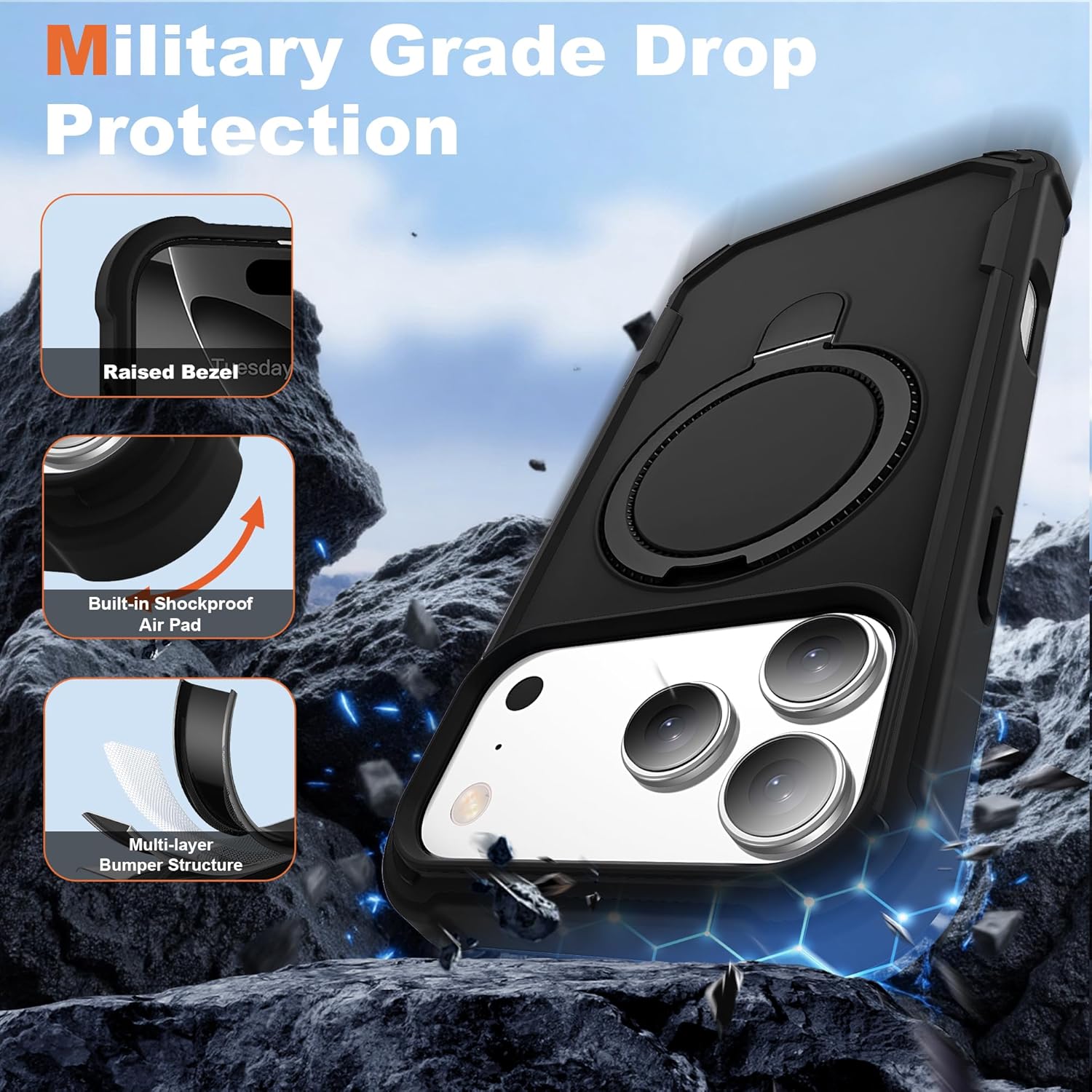 Compatible with iPhone 17 Pro Case 6.3'' with Magnetic Ring Stand [Military Drop Protection][Compatible with MagSafe] Shockproof 17 Pro Phone Case for Men Wowen,Black