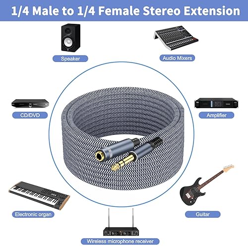 Miniatura 4 de Cable de extensión de 14 de pulgada de 30 pies, cable de extensión de guitarra estéreo macho a hembra de 14 pulgadas