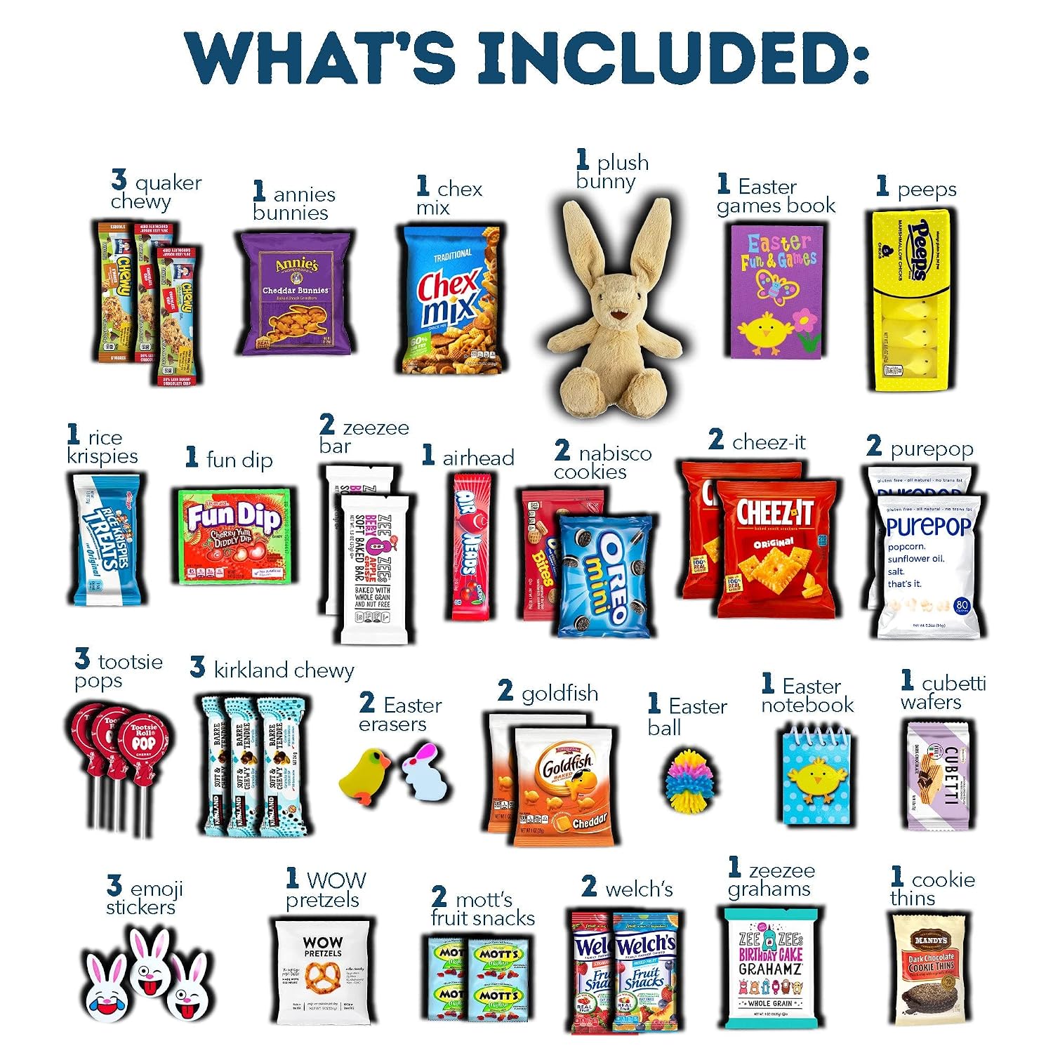 Easter Care Package (65ct) - Candy Snacks Treats Plush Bunny Chocolate Cookies Gift Box Bundle Basket Fillers Stuffers Present Kids Adults Boys Girls College Student Child Grandchildren Toddlers