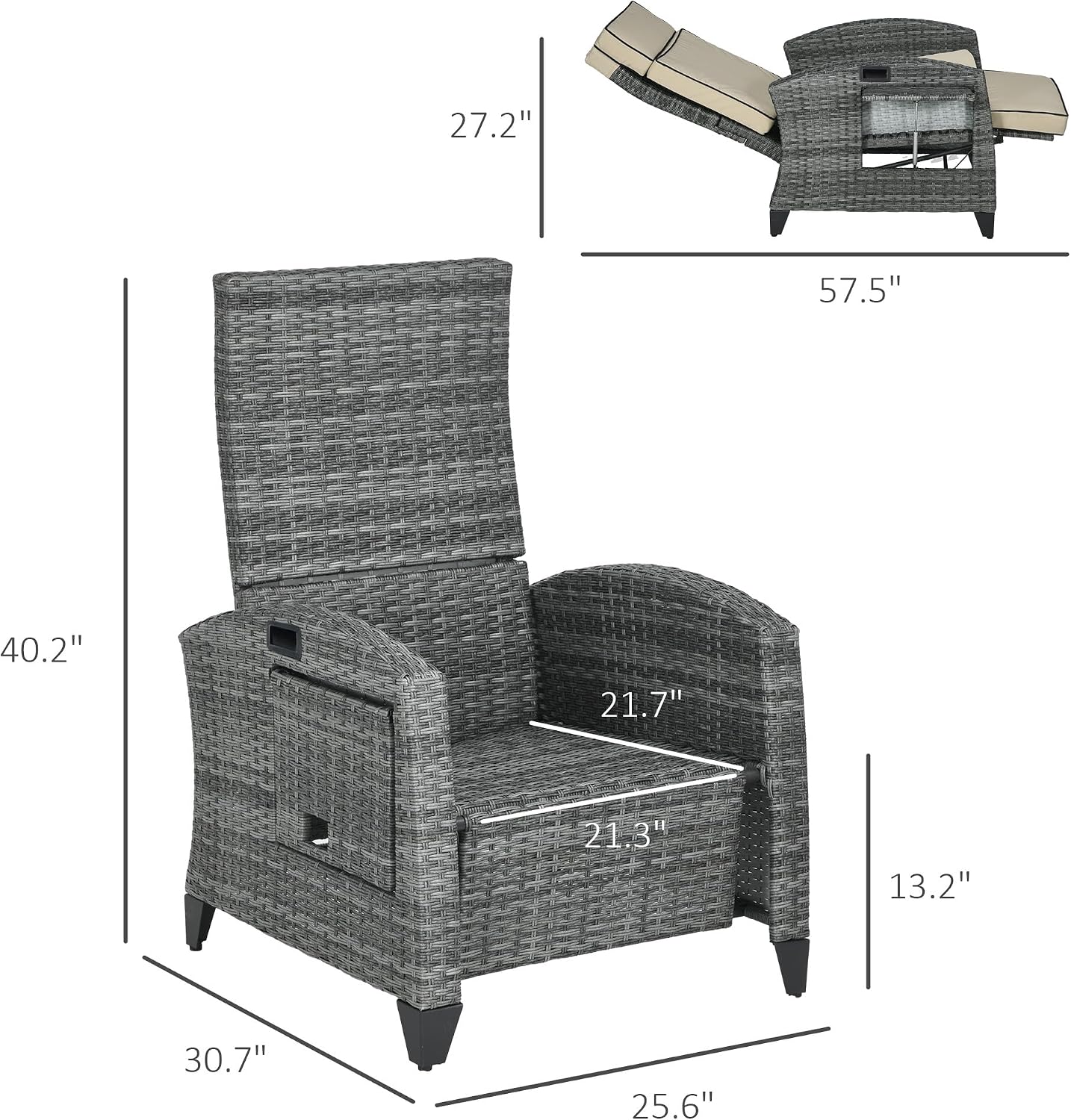 Outsunny Outdoor Recliner Chair with Cushions, PE Wicker Reclining Patio Lounge Chair with Adjustable Footrest, Armrests, Side Tray Table for Balcony, Porch, Khaki