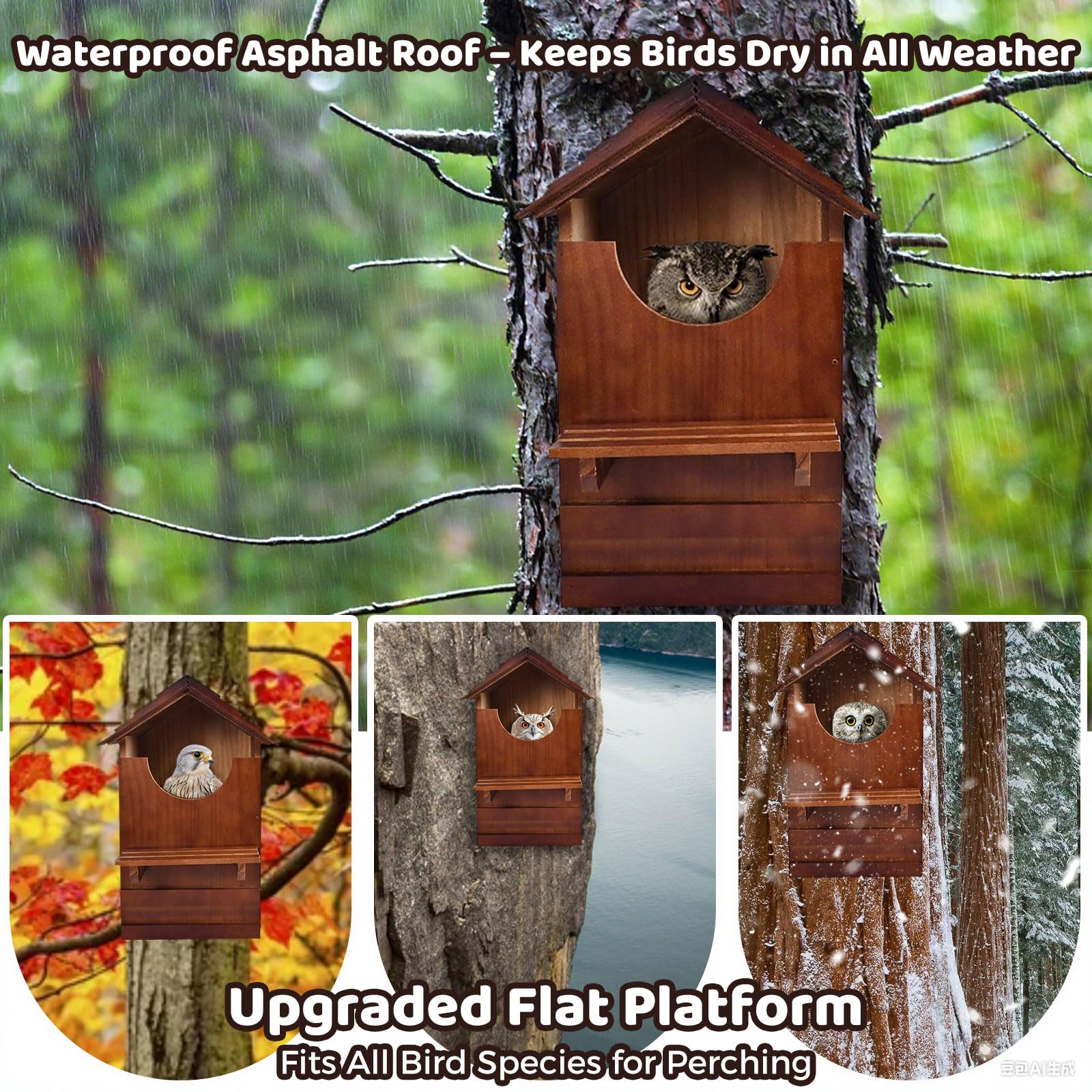 Casetta per gufi, in legno di cedro naturale, 37 x 22 x 19 cm, facile da montare, casetta per uccelli per cortile, giardino e habitat per animali selvatici